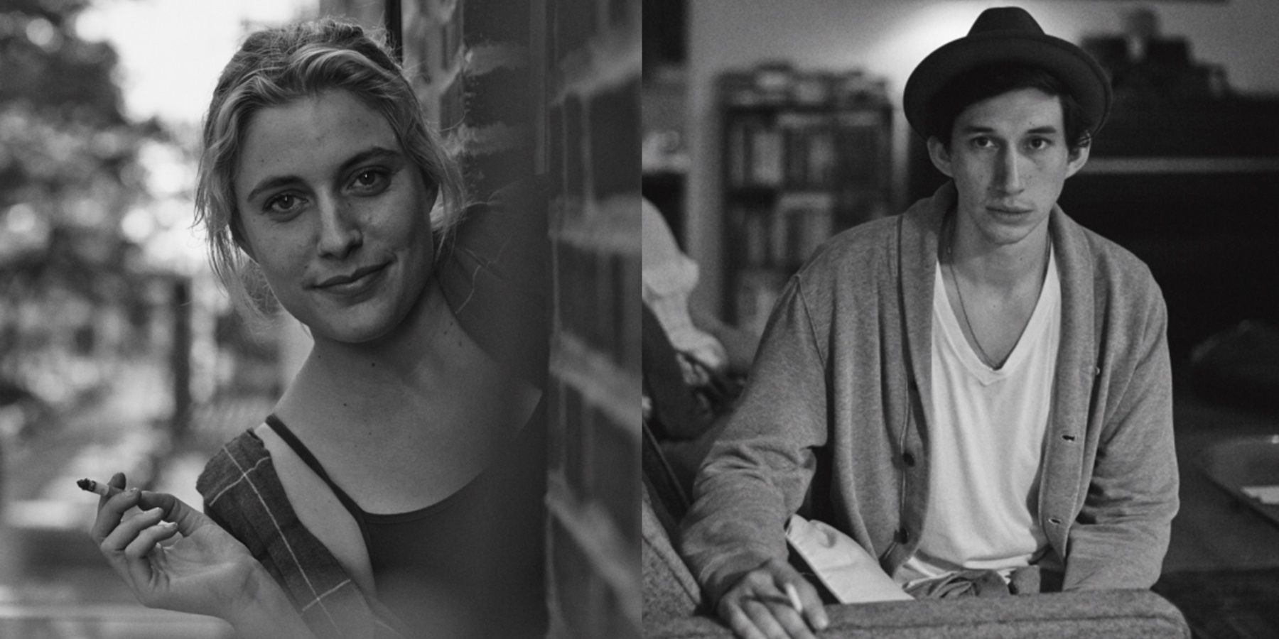 Split image of Greta Gerwig smoking out of a window and Adam Driver in an apartment in Frances Ha