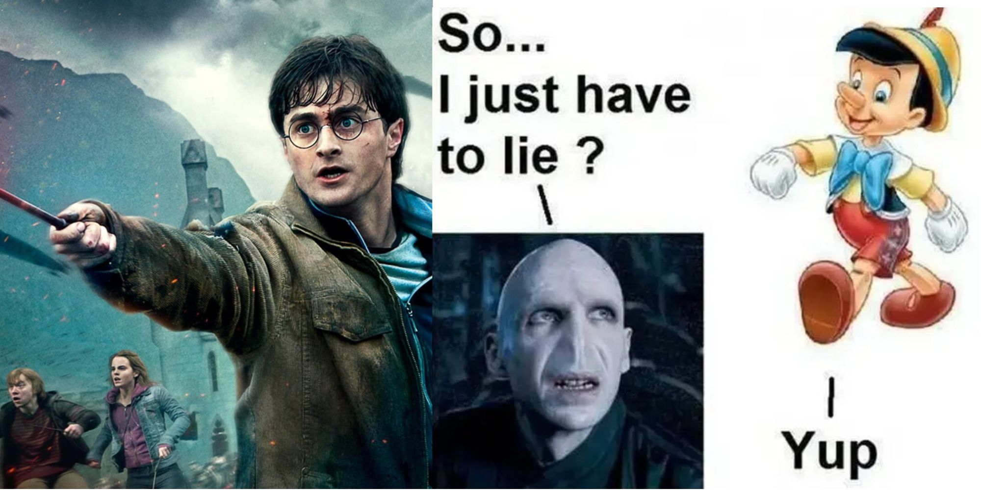 Split image of Harry, Ron and Hermione, and Voldemort x Pinocchio meme