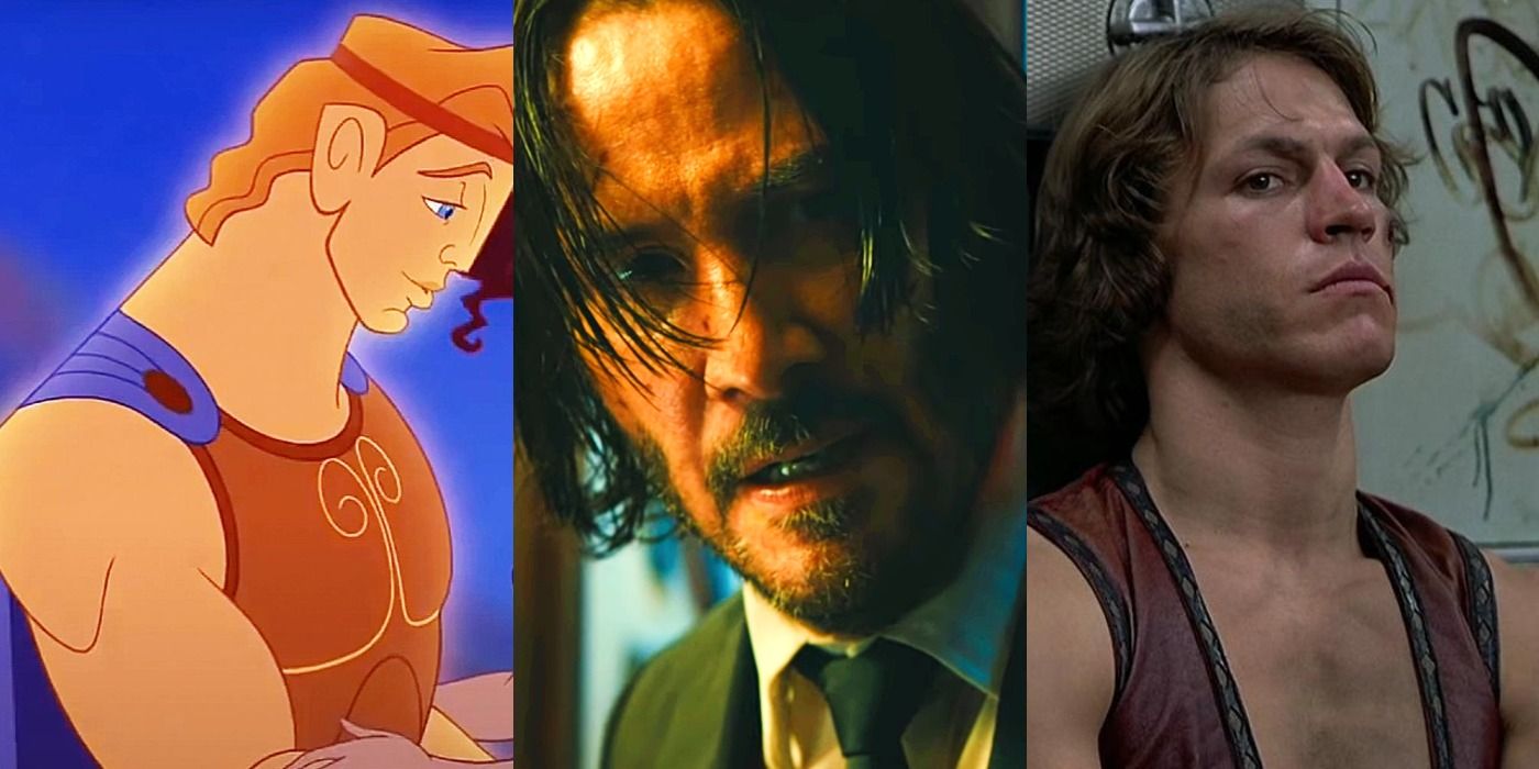 Split image of Hercules in Hercules, John Wick in John Wick 3, and Swan in The Warriors