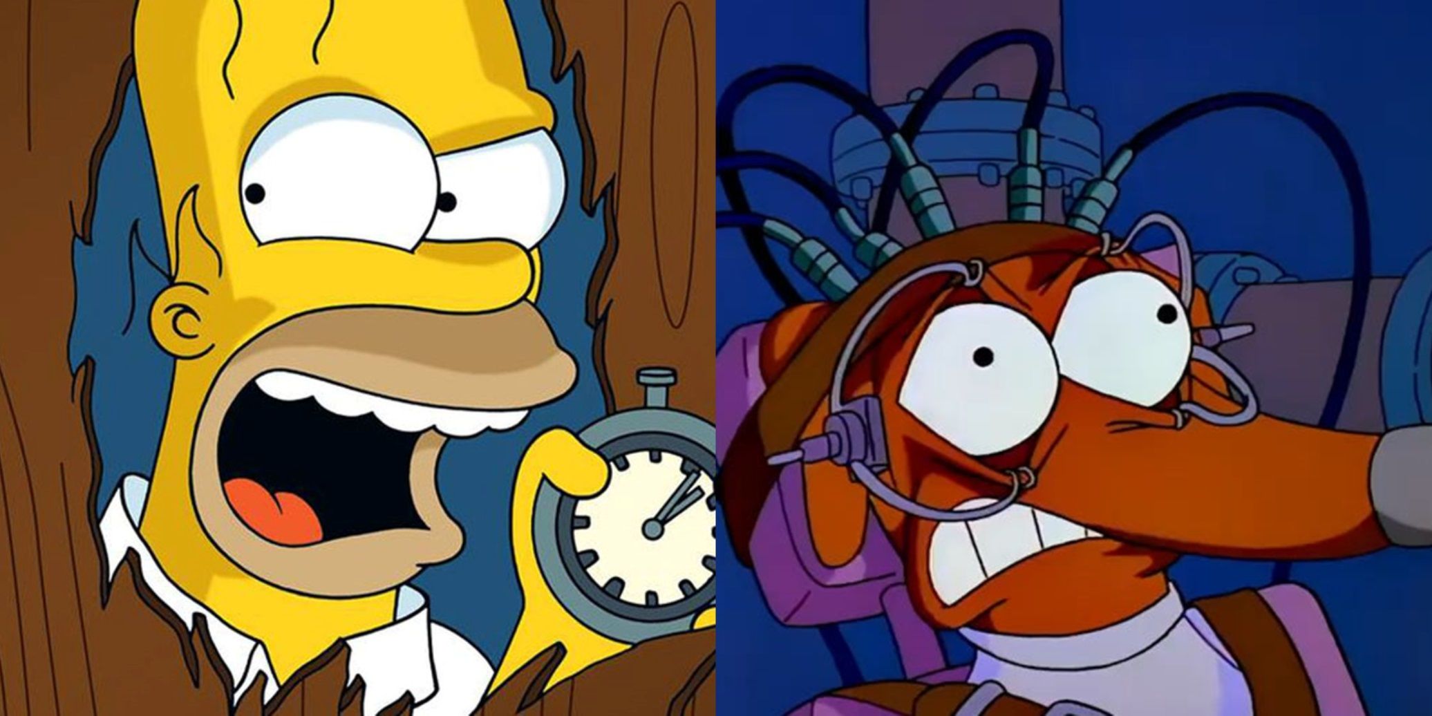 Split image of Homer as Jack Torrance and Santa's Little Helper as Alex DeLarge in The Simpsons
