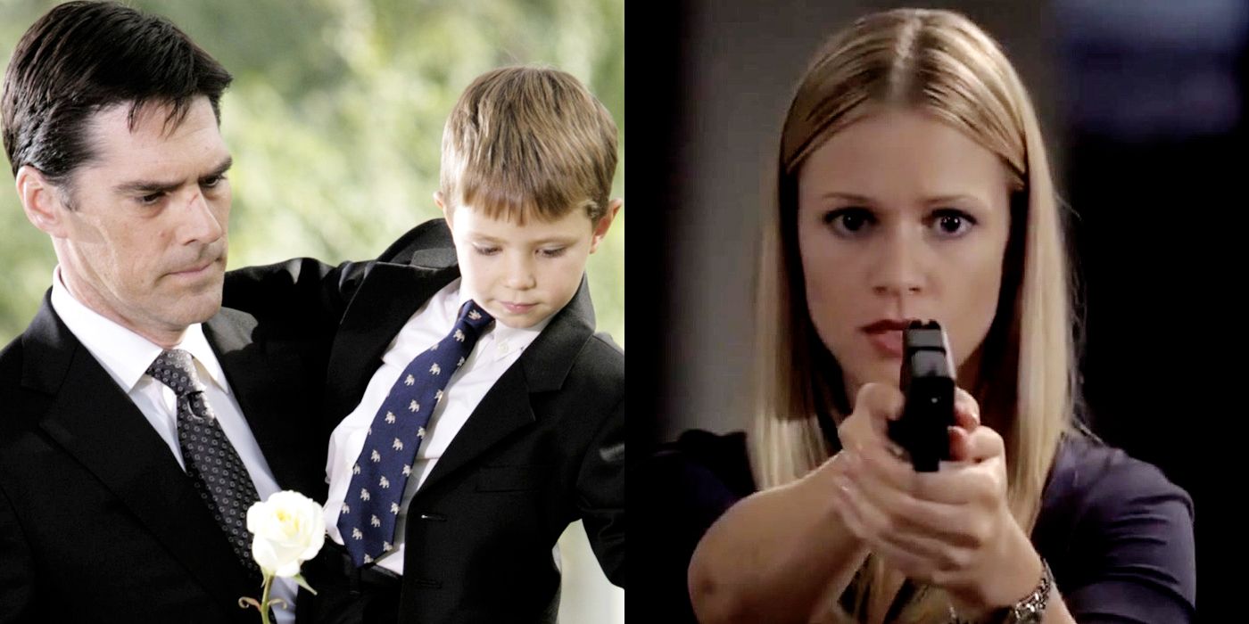 Split image of Hotch holding his son while attending Haley's funeral and JJ after shooting Garcia's shooter.