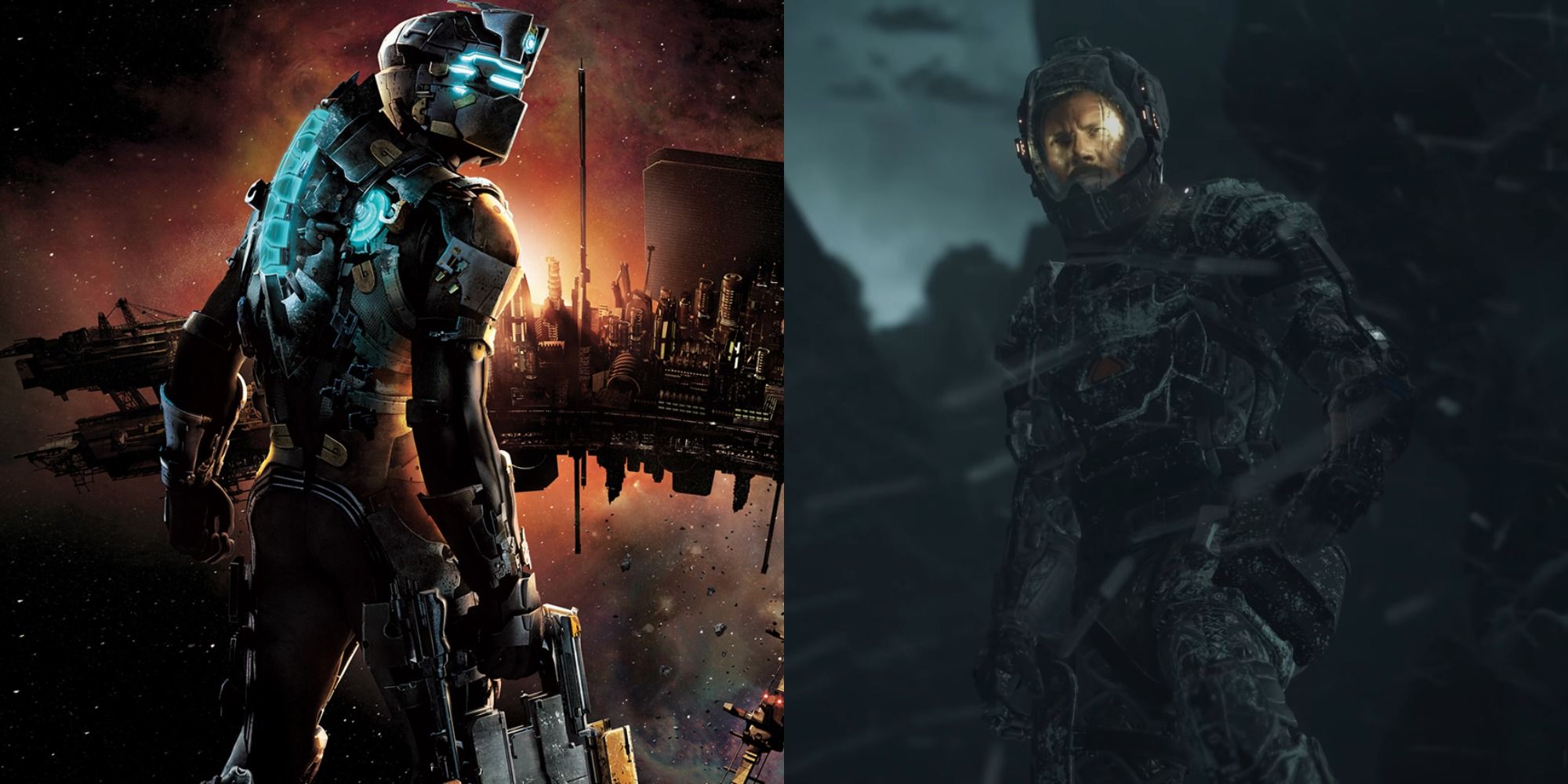 Split image of Isaac Clarke in cover art for Dead Space 2 and Jacob Lee in the snowy wastes of Callisto in The Callisto Protocol