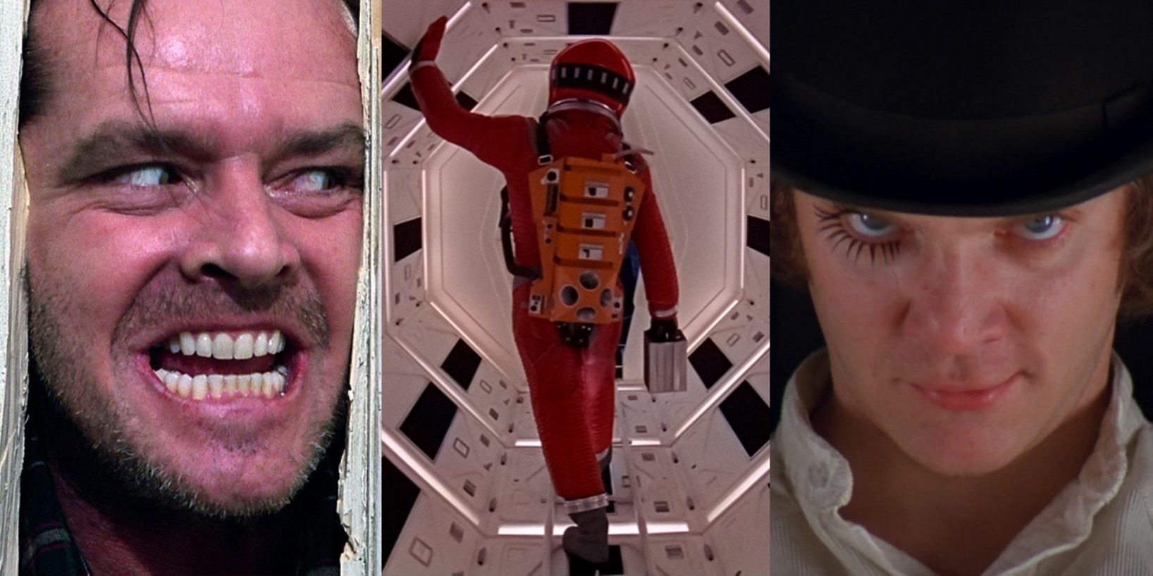 Split image of Jack in The Shining, Dave in 2001, and Alex in A Clockwork Orange