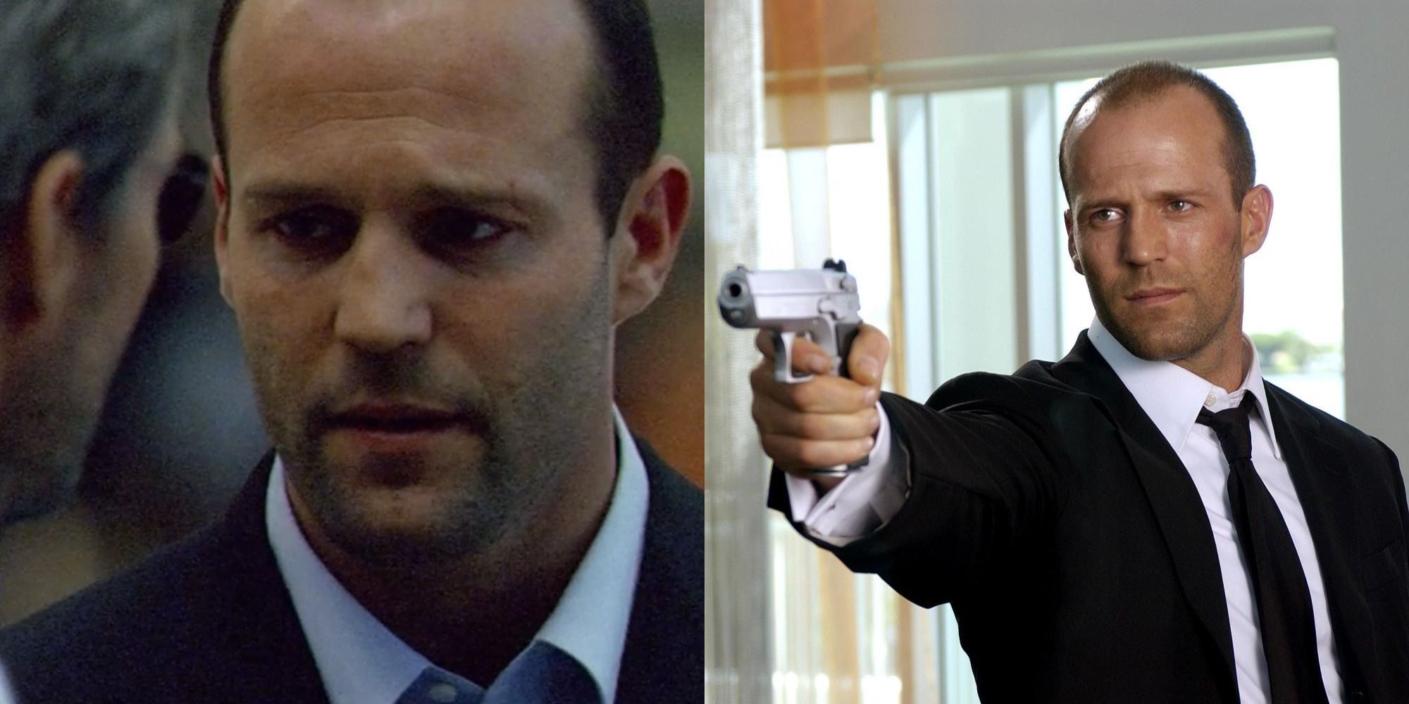 Imagem dividida de Jason Statham como Frank Martin em Collateral e Transporter 2