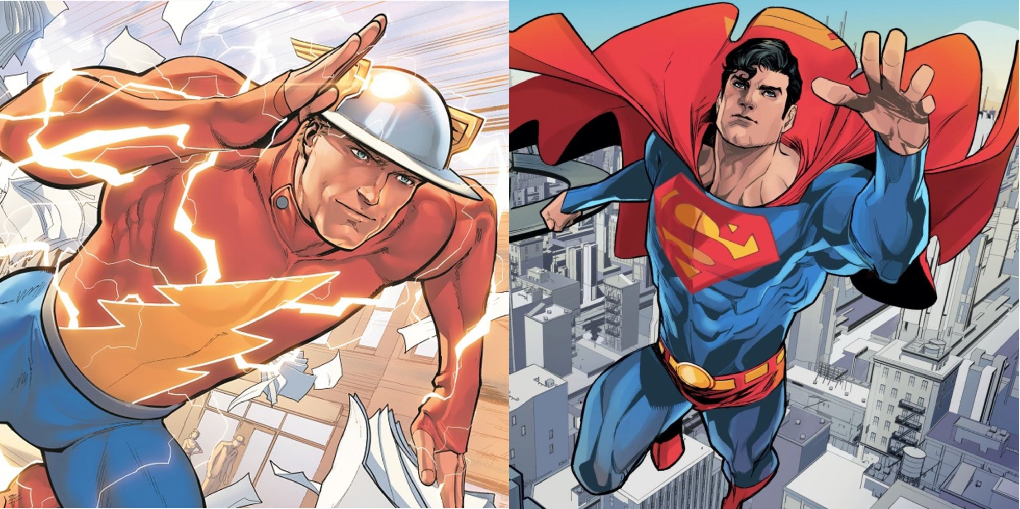 Split image of Jay Garrick and Superman in their cities in DC comics
