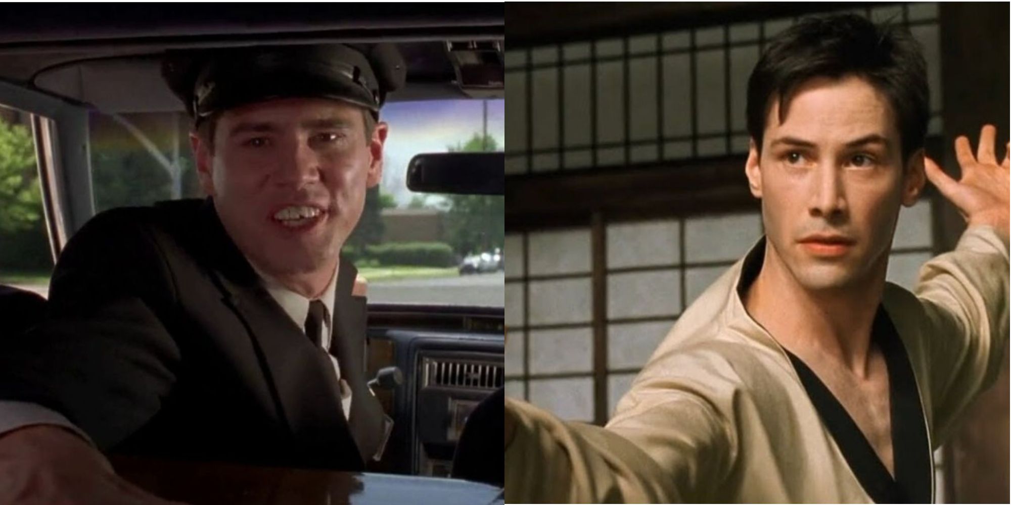 Split image of Jim Carrey in Dumb and Dumber and Keanu Reeves in The Matrix
