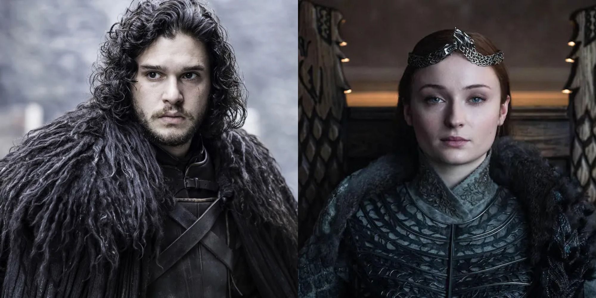 Split image of Jon Snow and Queen in the North Sansa Stark