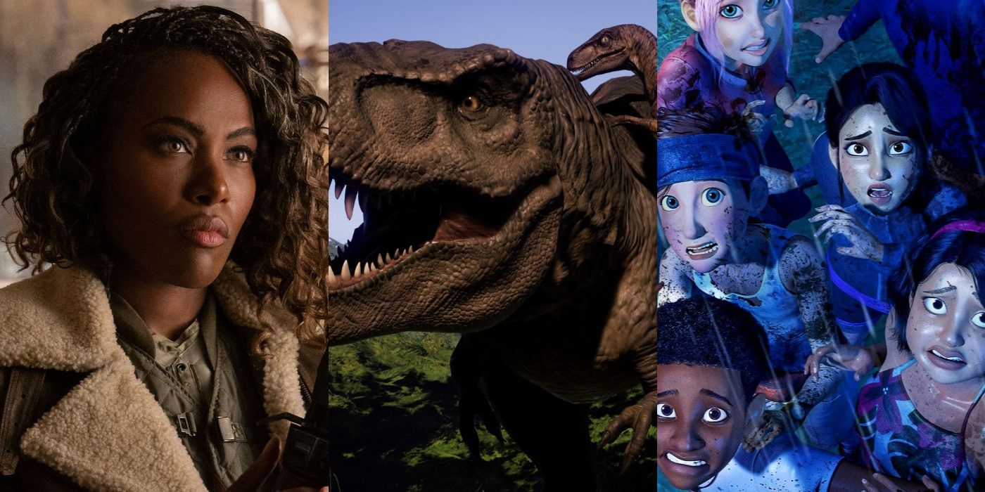 Split image of Kayla, Dinosaurs and Camp Cretaceous Jurassic World feature