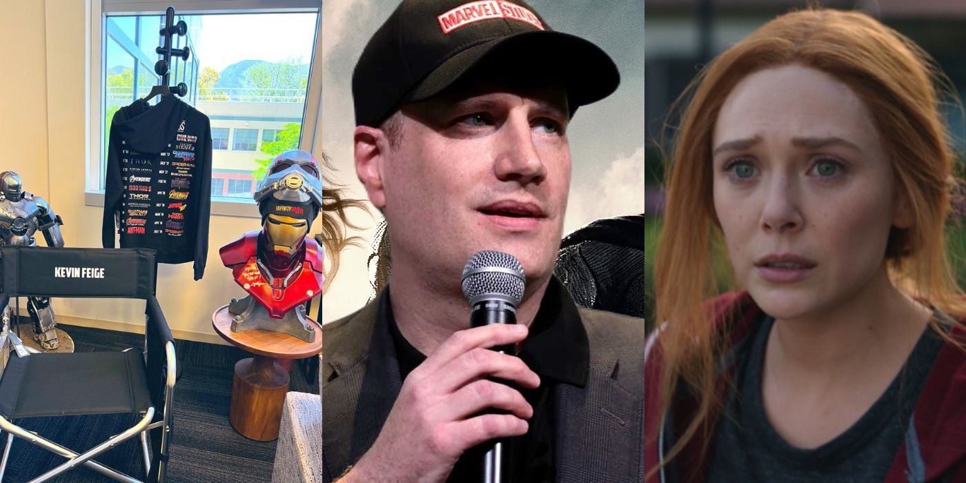 Split image of Kevin Feige's office, Kevin Feige, and Wanda in WandaVision