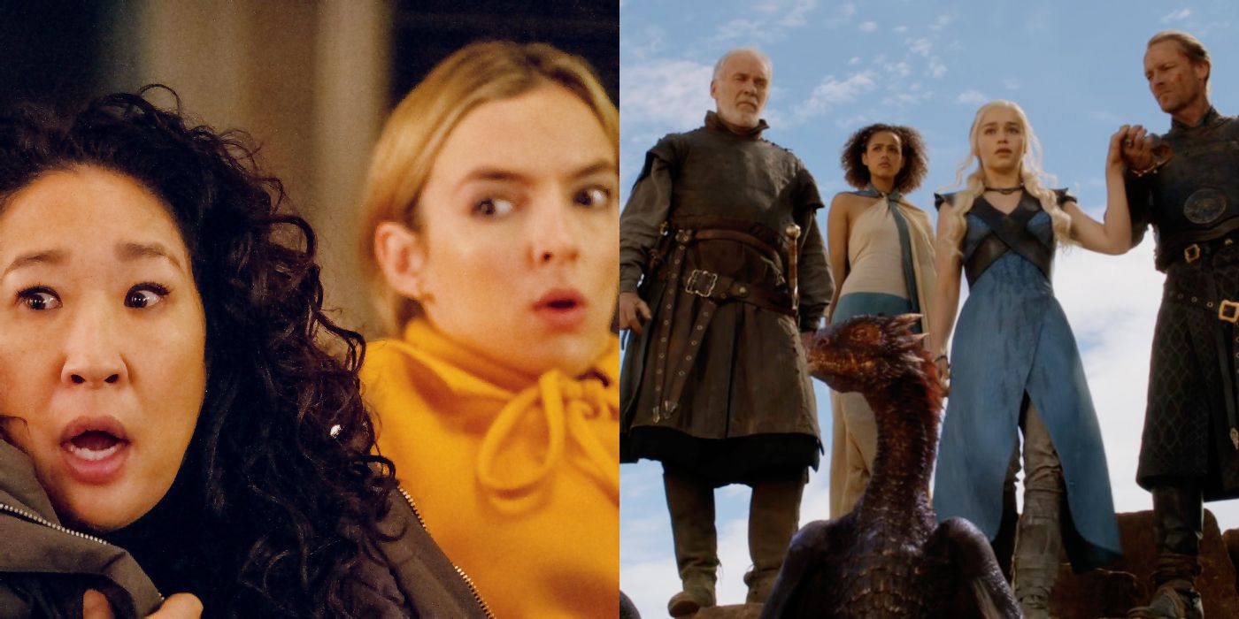 Split image: Eve and Villanelle sitting on the couch and looking surprised and Daenerys in GoT surrounded with her advisors.