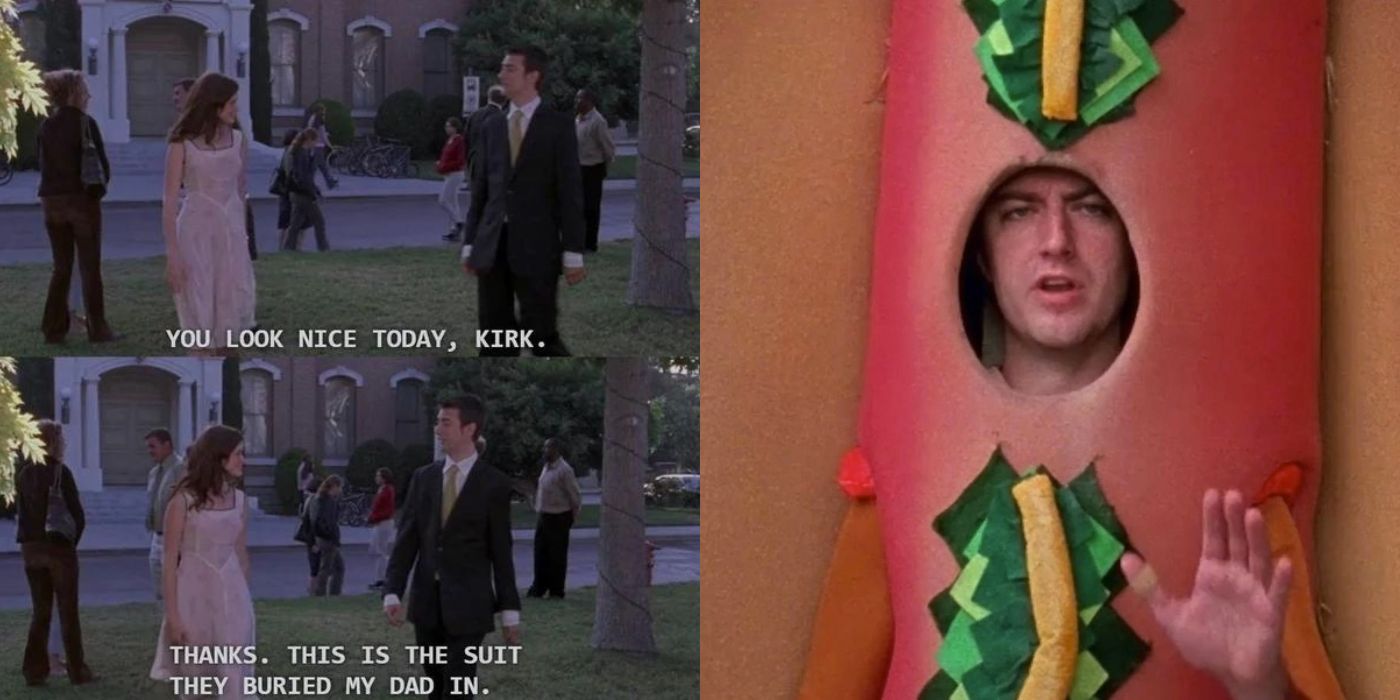 Split image of Kirk as a hot dog talking to Rory in Gilmore Girls