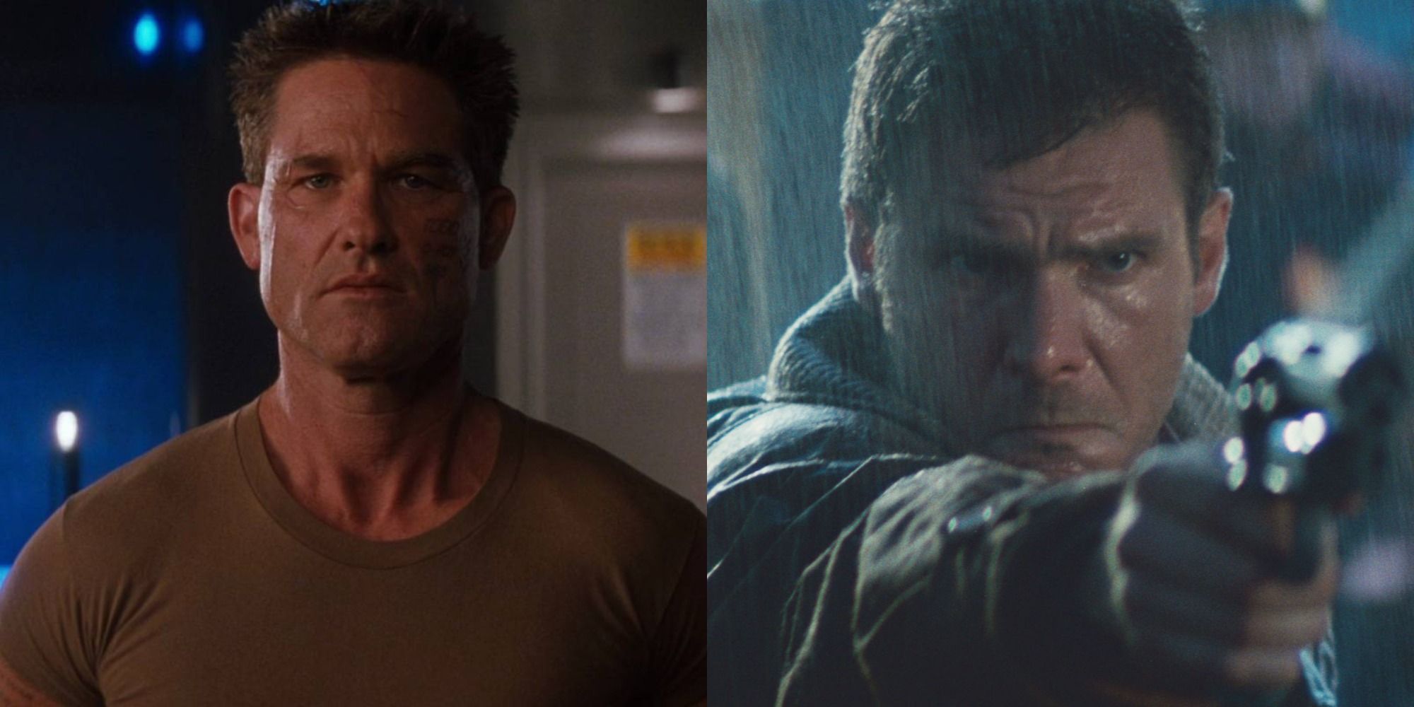 Imagem dividida de Kurt Russell como Todd em Soldier e Harrison Ford como Deckard em Blade Runner