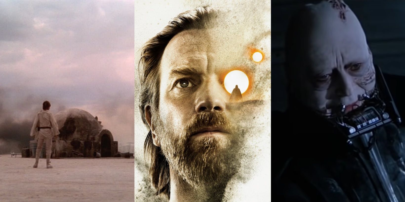 Split image of Luke in Star Wars, the Obi-Wan Kenobi poster, and Vader in Return of the Jedi