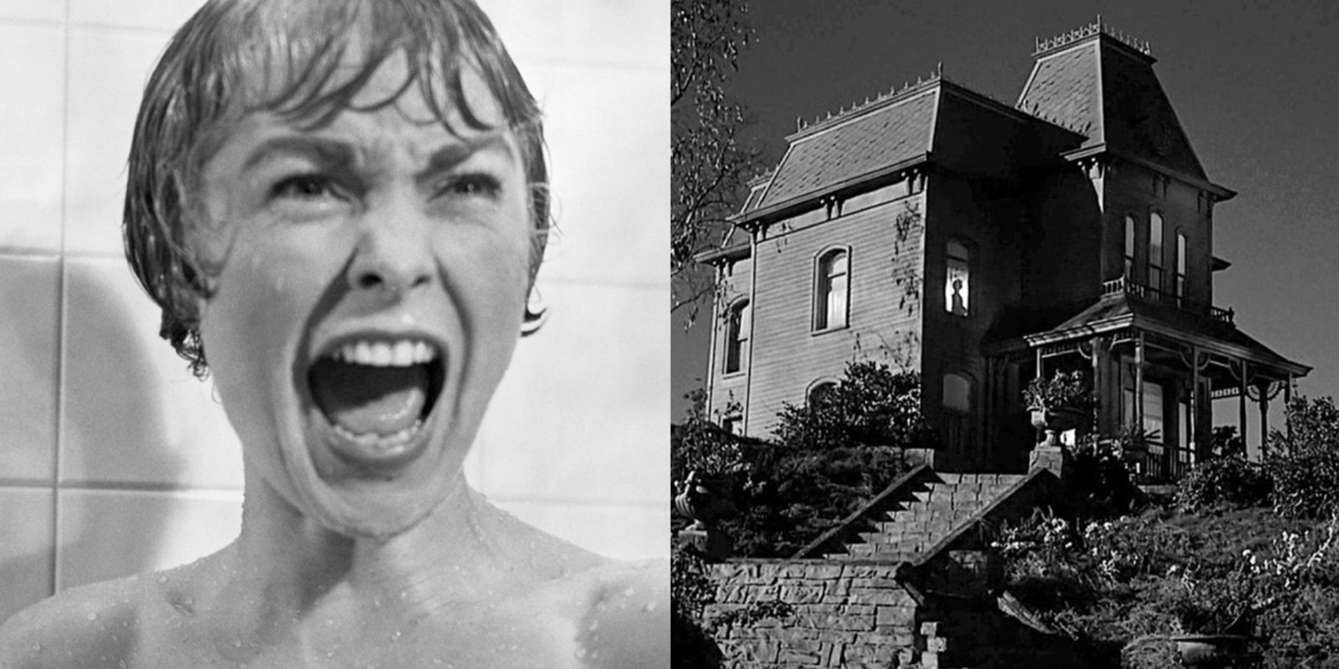 Split image of Marion Crane in the shower and the Bates house in Psycho