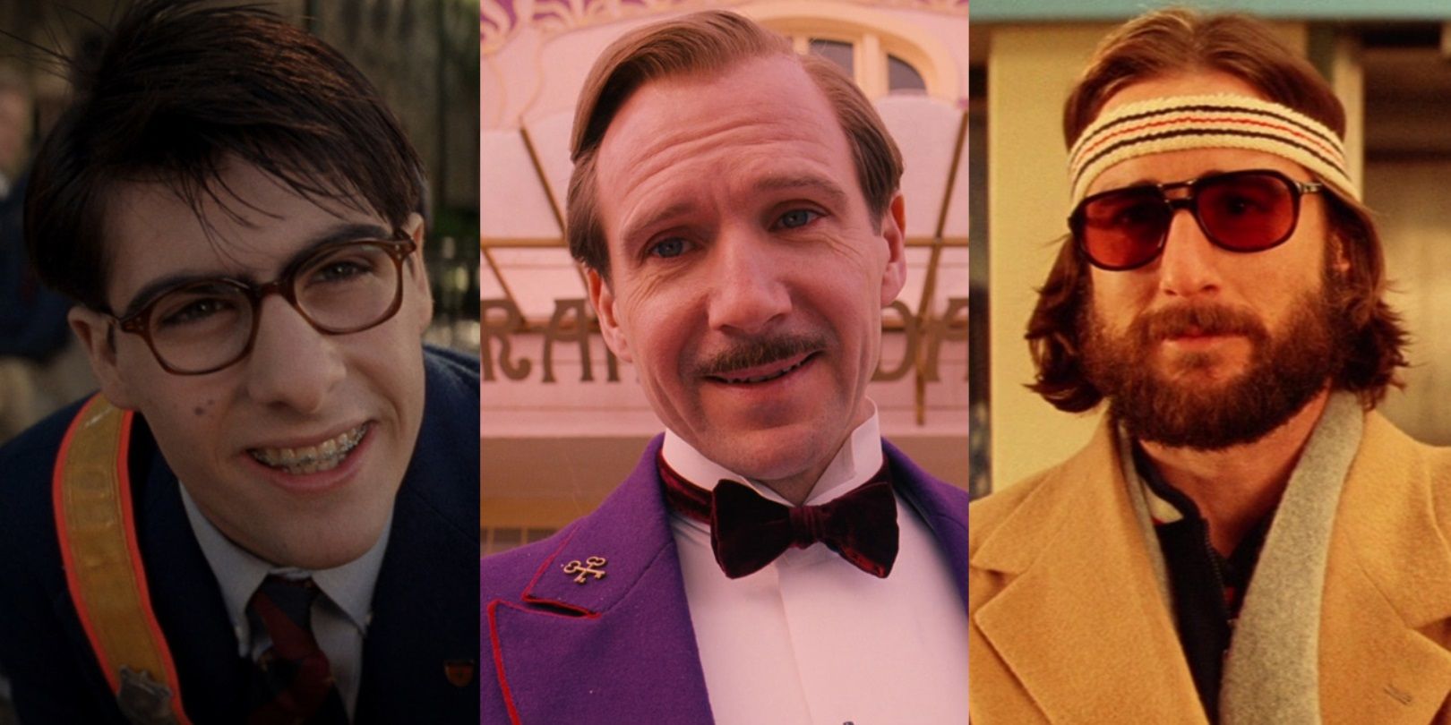 Split image of Max in Rushmore, M Gustave in The Grand Budapest Hotel, and Richie in The Royal Tenenbaums