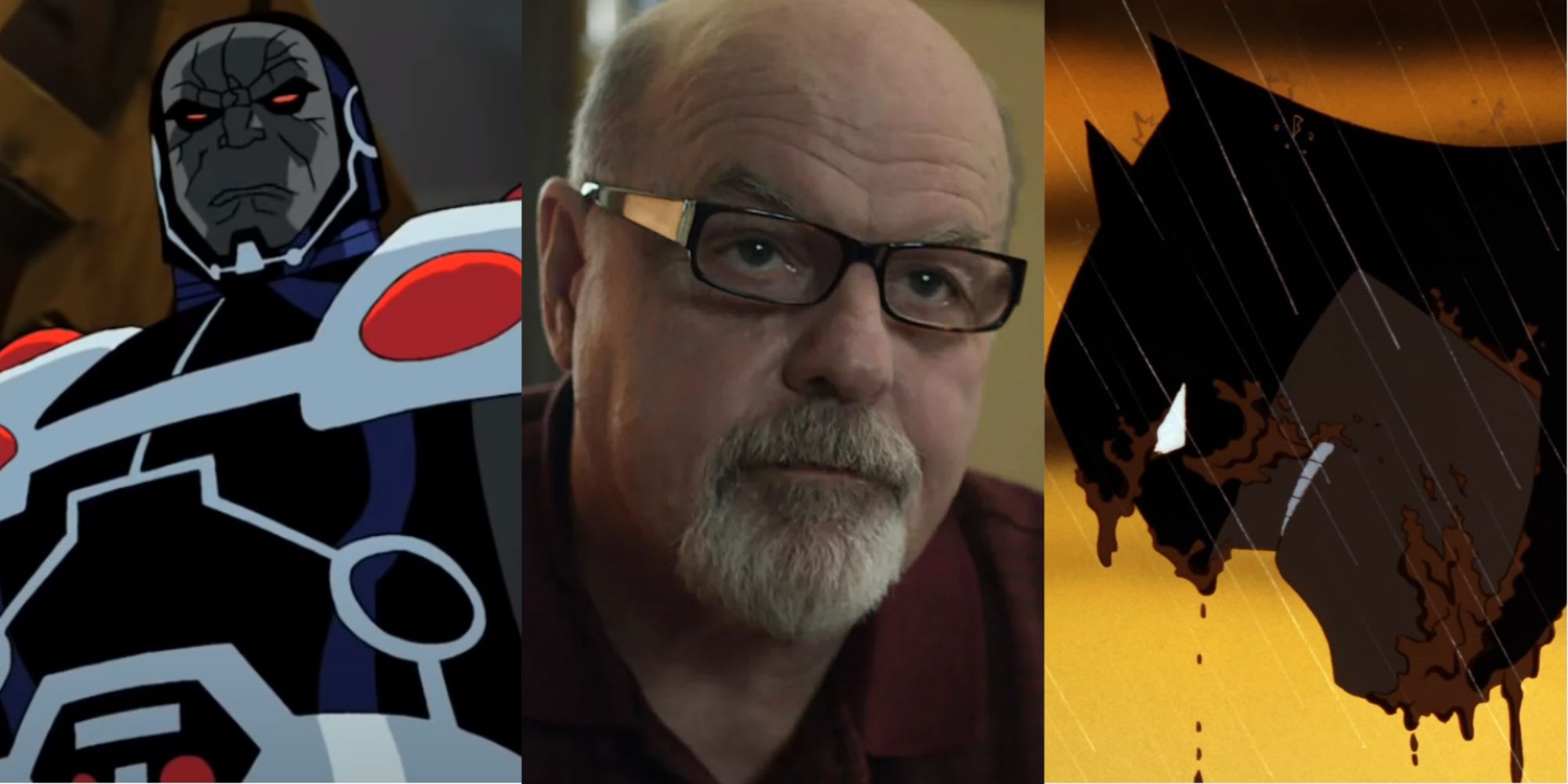 Split image of Michael Ironside Darkseid and The Dark Knight Returns Batman