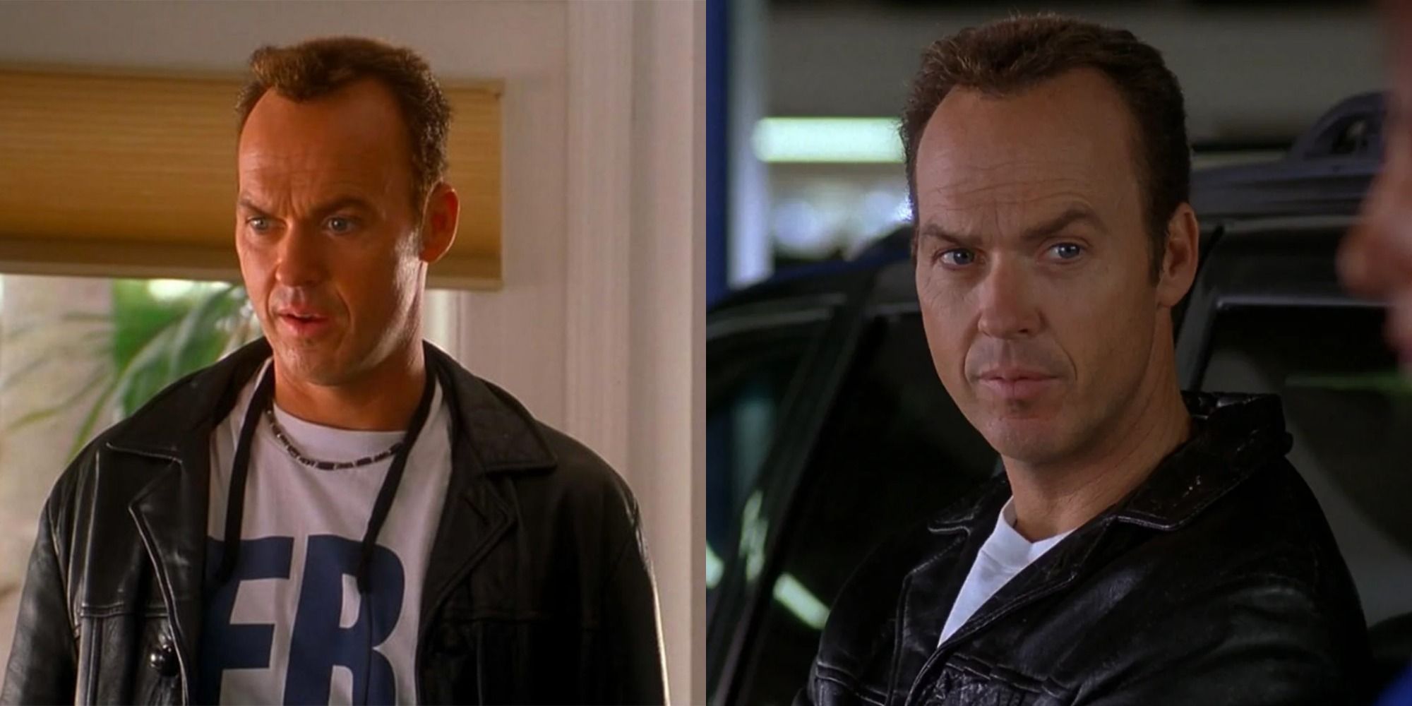 Imagem dividida de Michael Keaton como Ray Nicolette em Out Of Sight e Jackie Brown