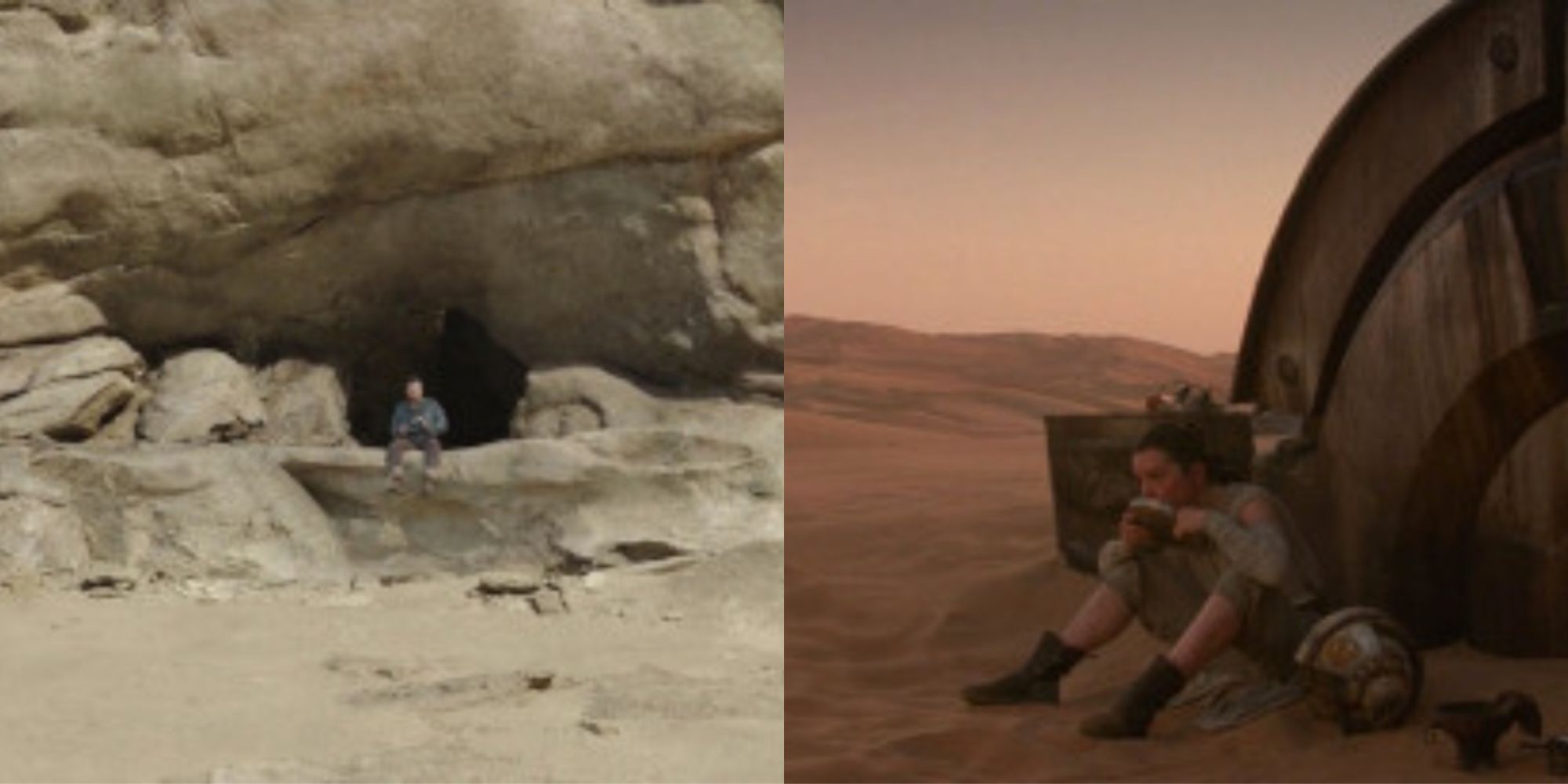 Split image of Obi-Wan Kenobi on Tatooine and Rey on Jakku in Star Wars: The Force Awakens