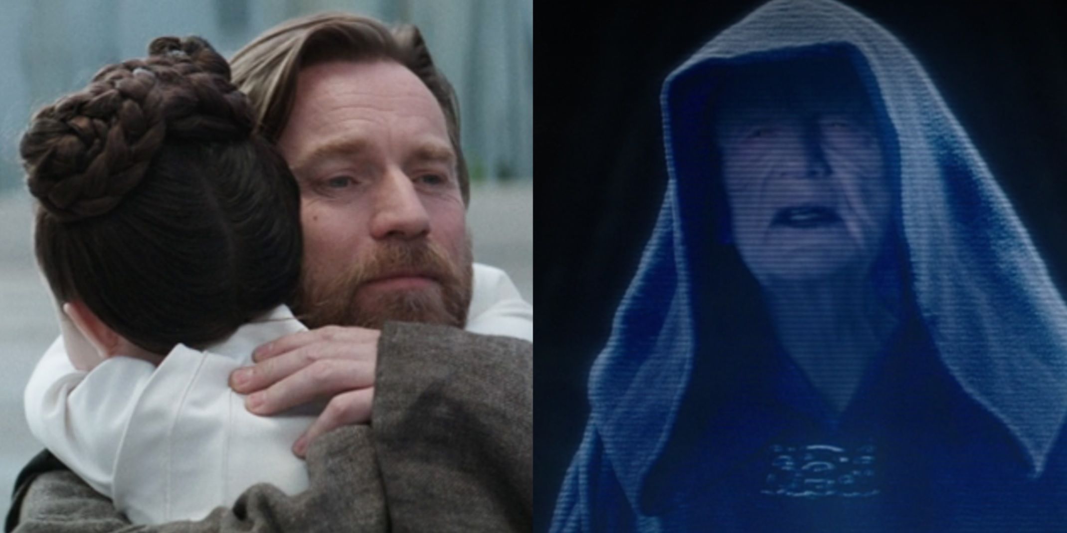 Split image of Obi-Wan hugging Leia and Palpatine on a hologram in Obi-Wan Kenobi