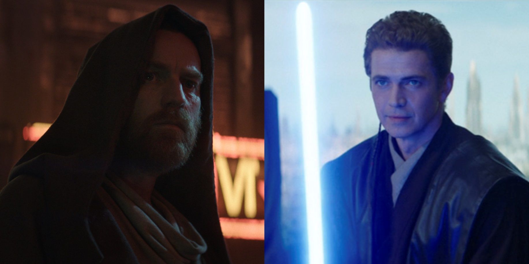 Split image of Obi-Wan on Daiyu and Anakin with a lightsaber in Obi-Wan Kenobi