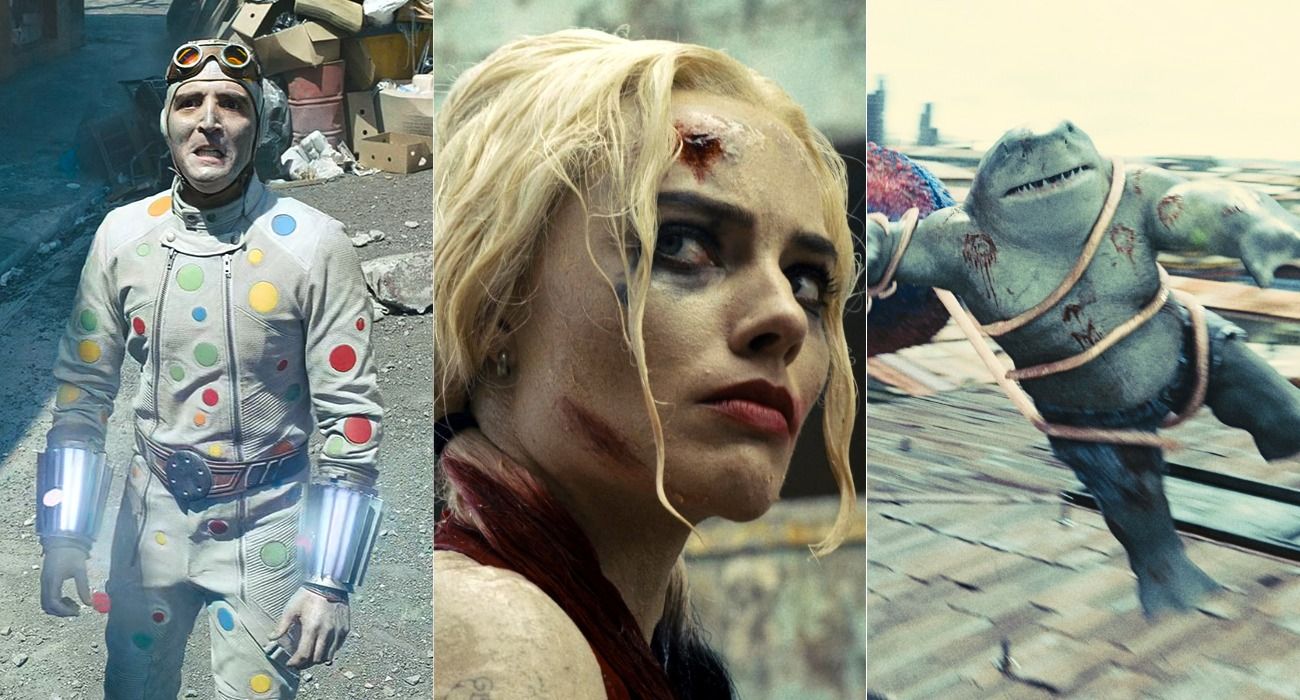 Split image of Polka Dot Man, Harley Quinn and King Shark in The Suicide Squad