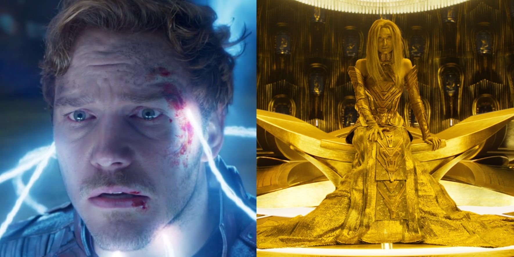 Split image of Quill losing his powers and Ayesha in her throne room in Guardians of the Galaxy Vol 2
