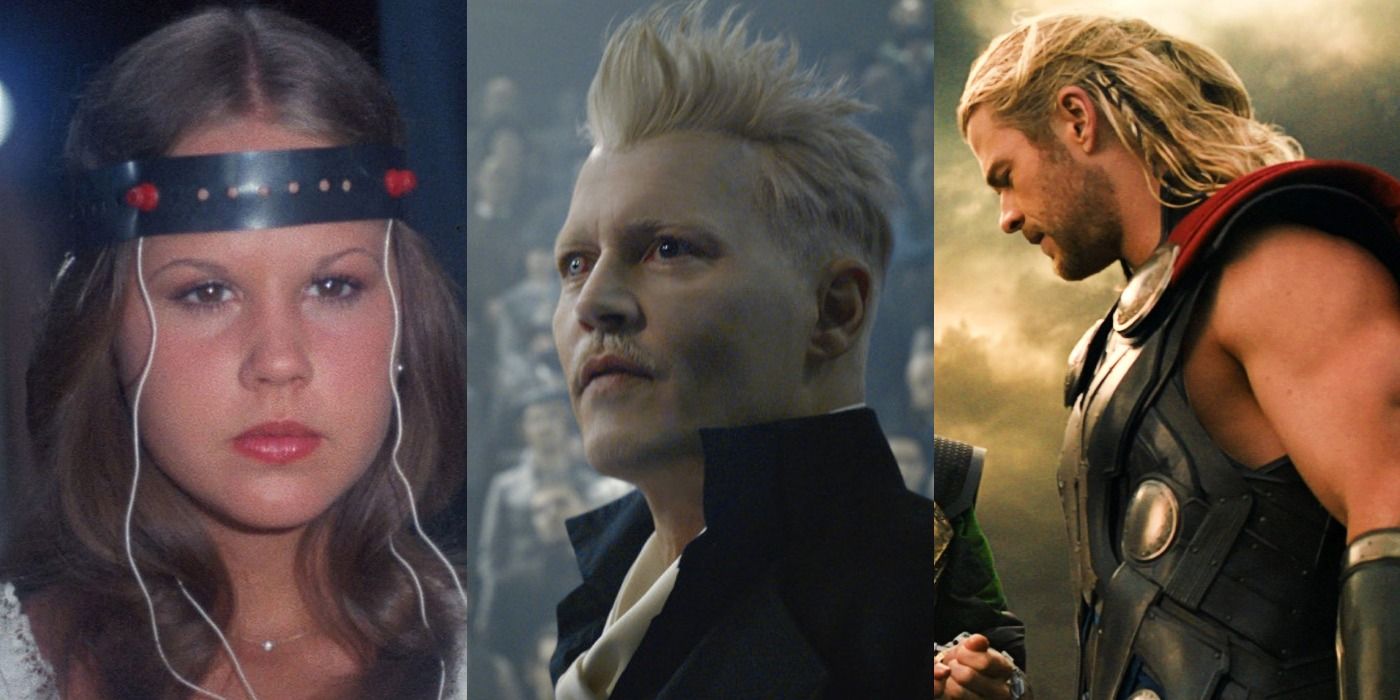 Split image of Regan in Exorcist II, Grindelwald in Fantatstic Beasts The Crimes of Grindelwald, and Thor in Thor The Dark World