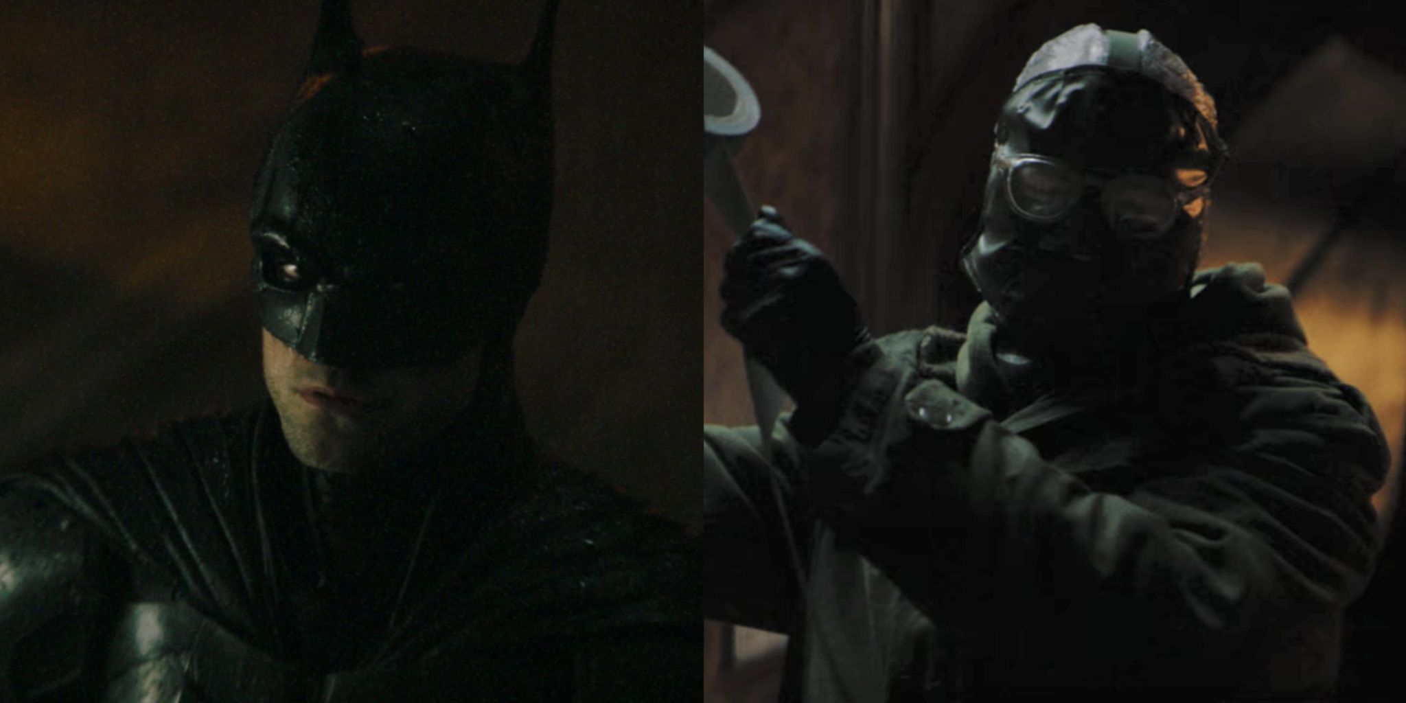 Split image of Robert Pattinson as Batman and Paul Dano as the Riddler in The Batman