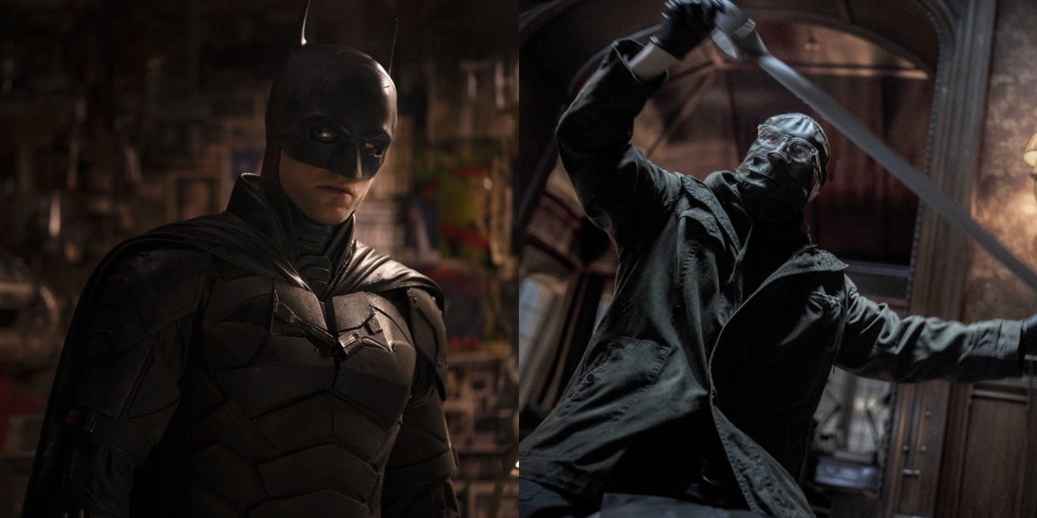 Split image of Robert Pattinson in the Batsuit and Paul Dano as the Riddler in The Batman
