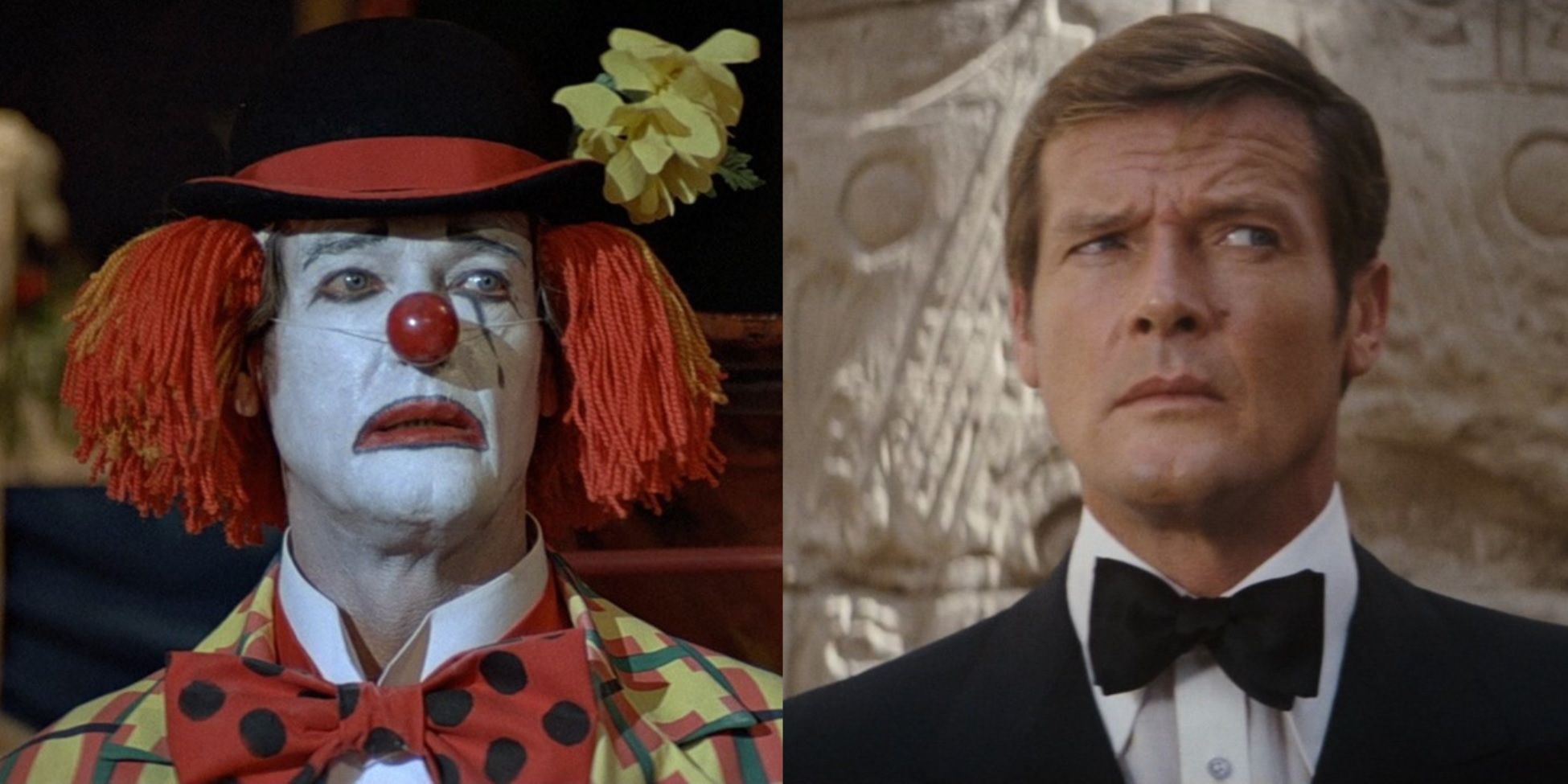 Split image of Roger Moore as James Bond disguised as a clown and standing in the desert