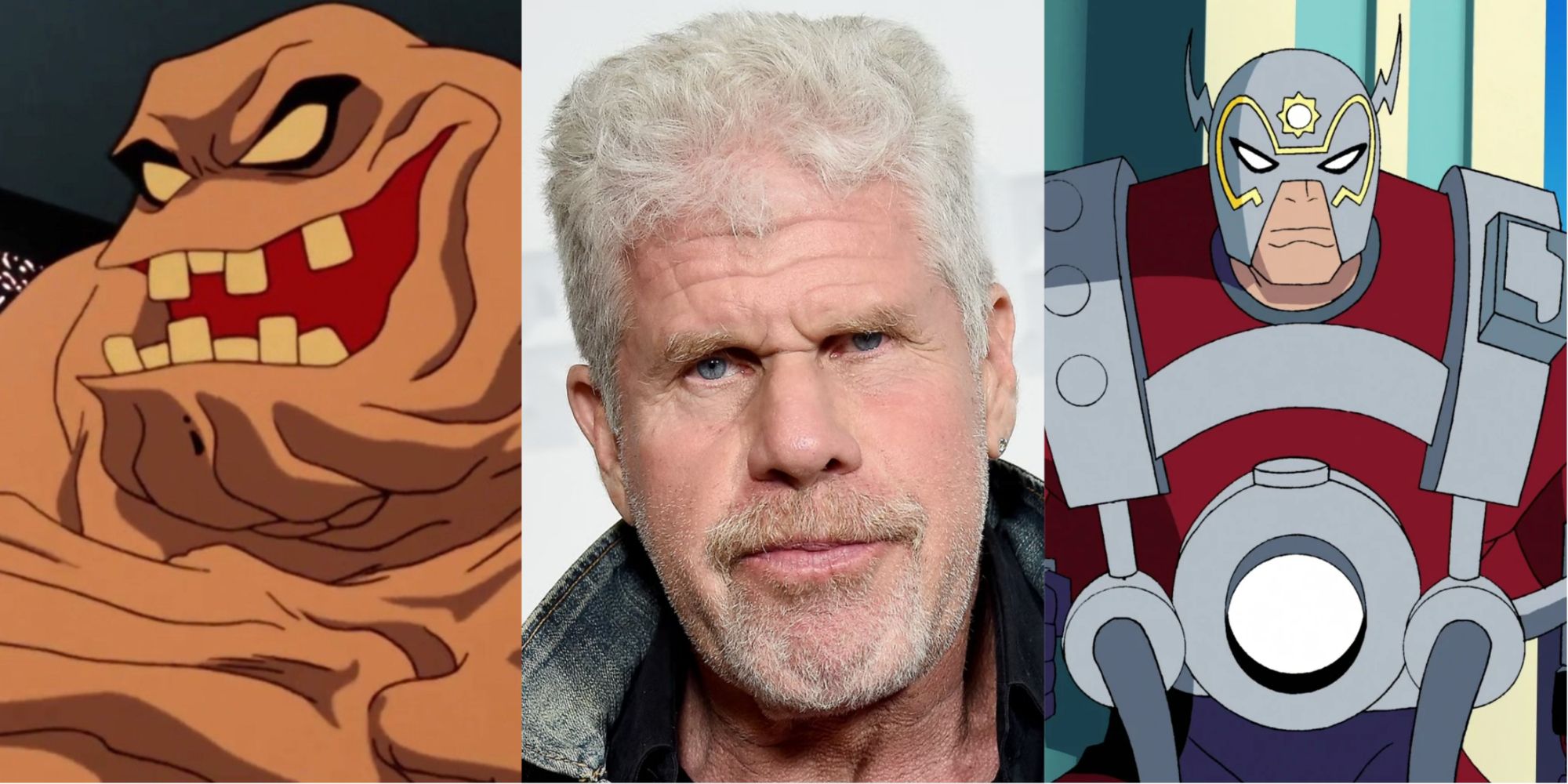 Split image of Ron Perlman Clayface and Orion