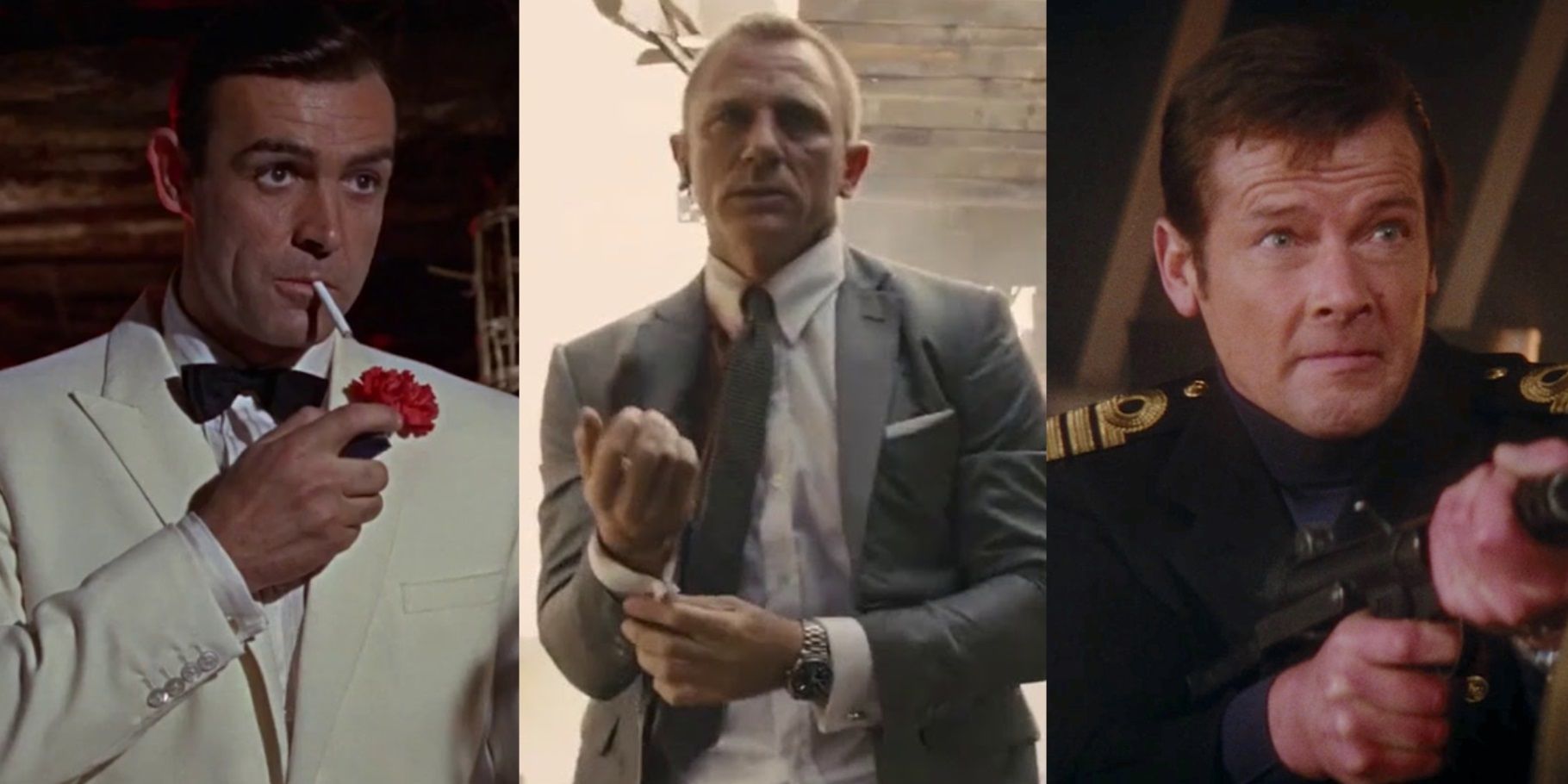 Split image of Sean Connery in Goldfinger, Daniel Craig in Skyfall, and Roger Moore in The Spy Who Loved Me