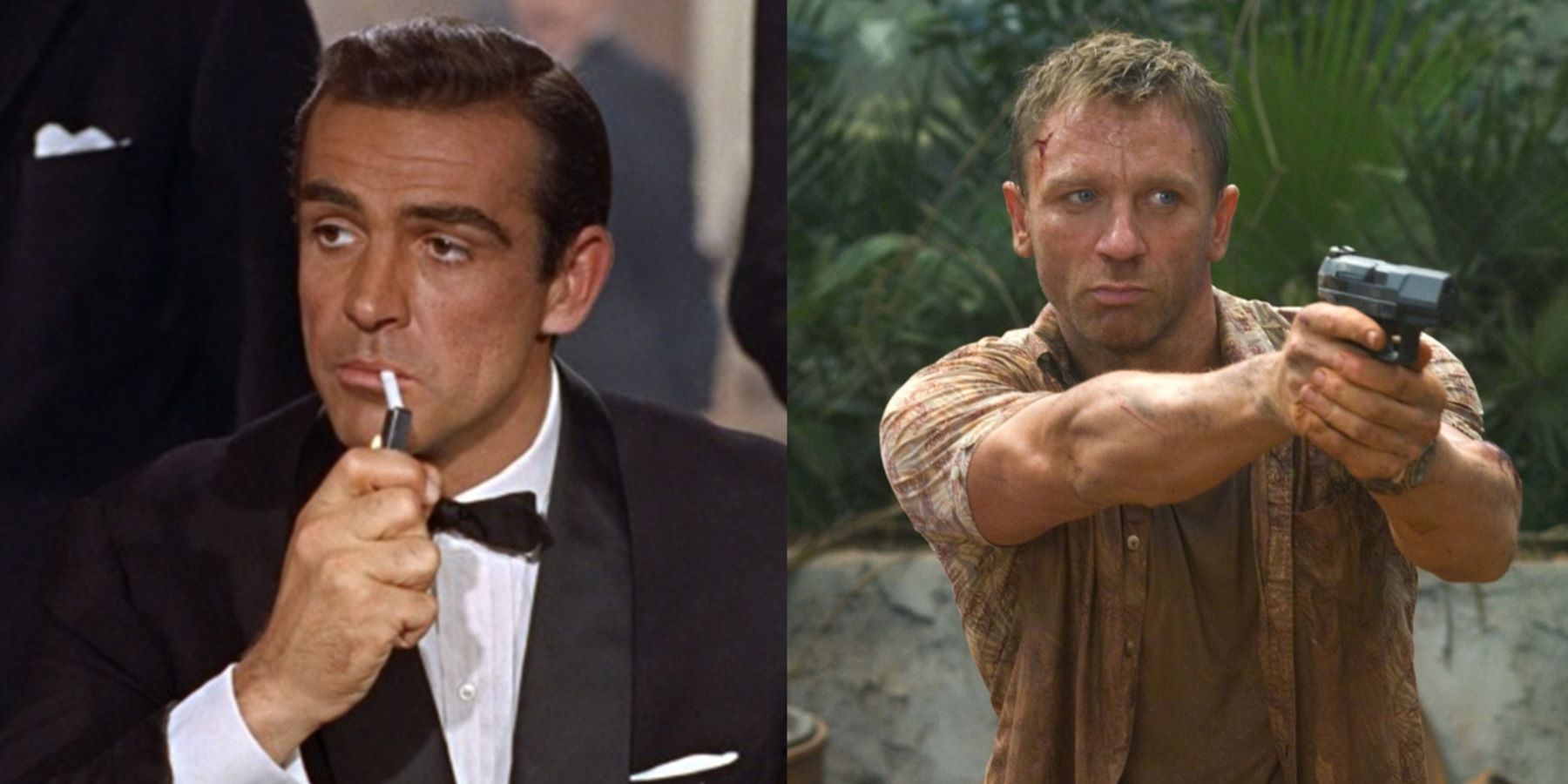 Split image of Sean Connery lighting a cigarette in Dr No and Daniel Craig holding a gun in Casino Royale