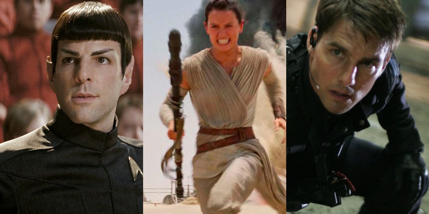 Split image of Spock in Star Trek, Rey in Star Wars Rise of Skywalker, and Ethan in Mission Impossible 3