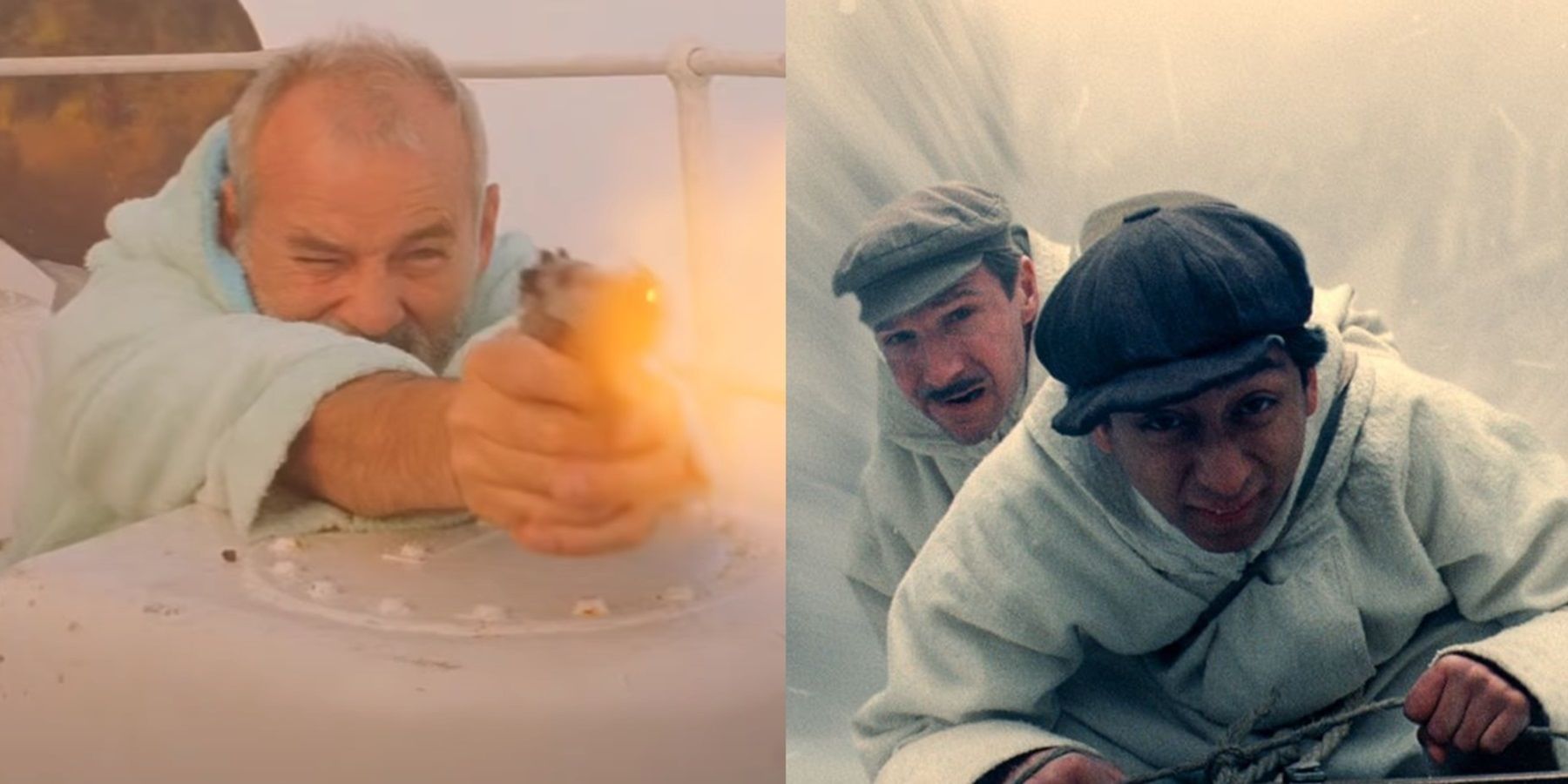 Split image of Steve firing a gun in The Life Aquatic and Zero and M Gustave in a ski chase in The Grand Budapest Hotel