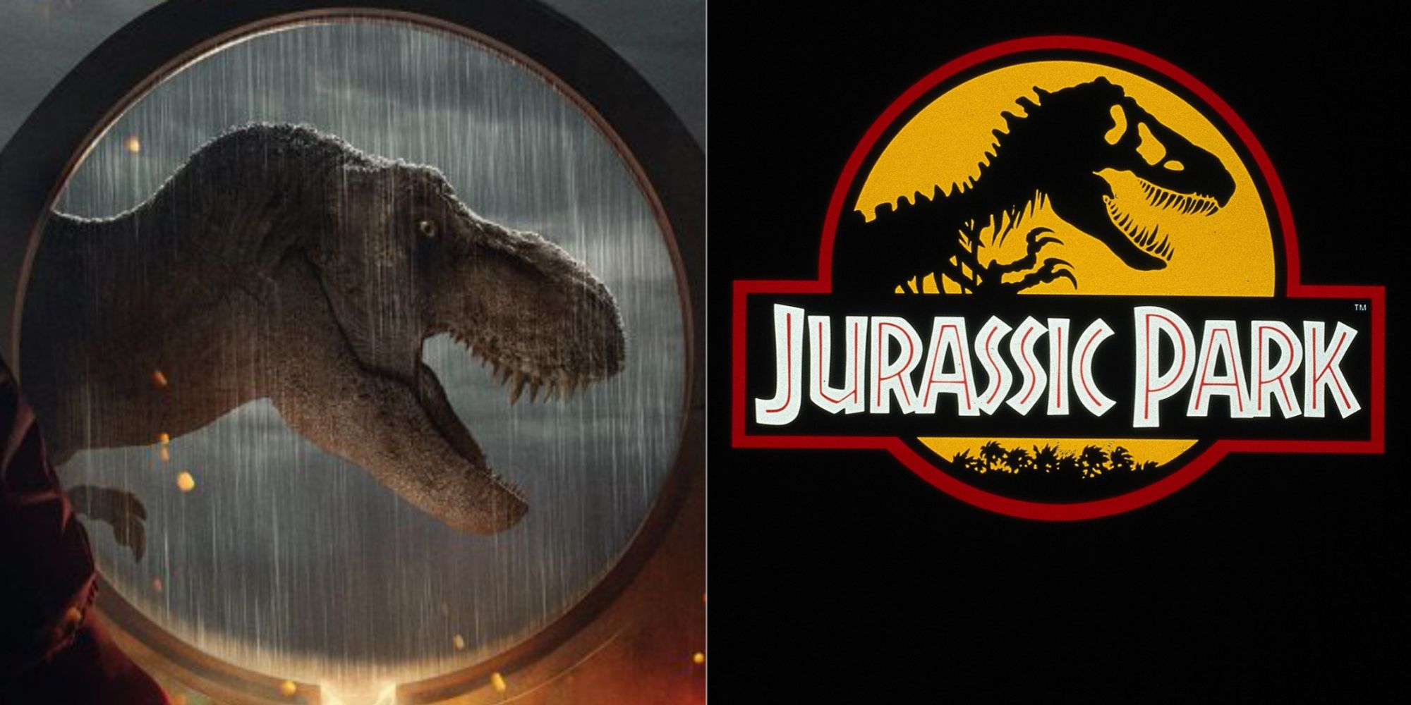 Split image of T-Rex in Jurassic World: Dominion and the Jurassic Park logo.