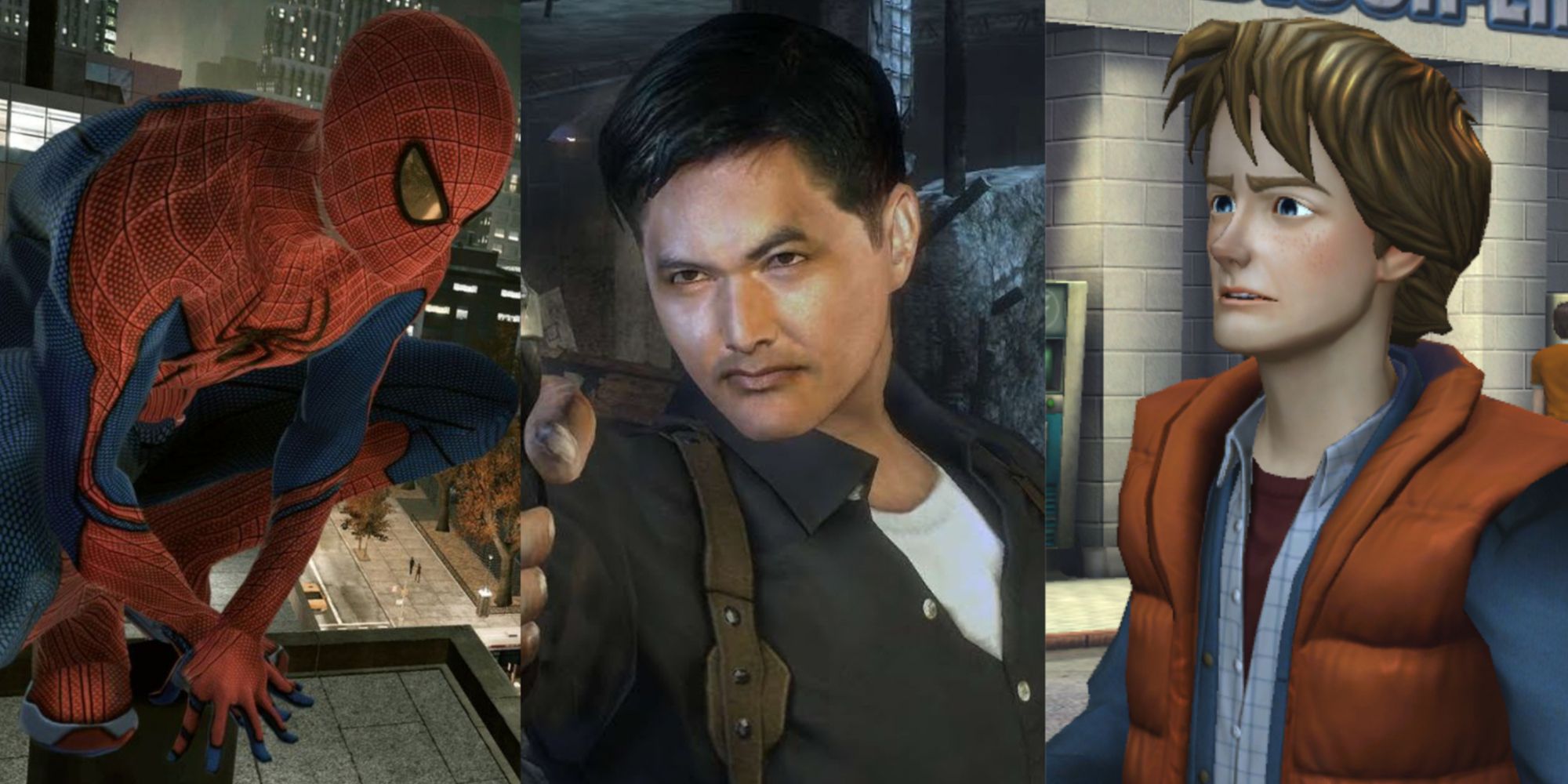 Split image of The Amazing Spider-Man, Stranglehold, and Back To The Future The Game