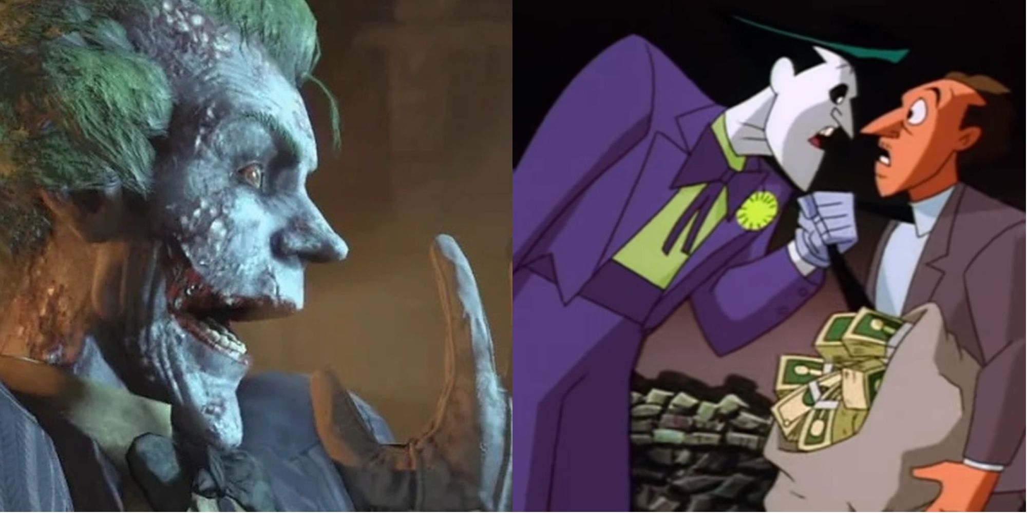 Split image of The Joker in Batman Arkham City and The Joker in Batman the Animated Series