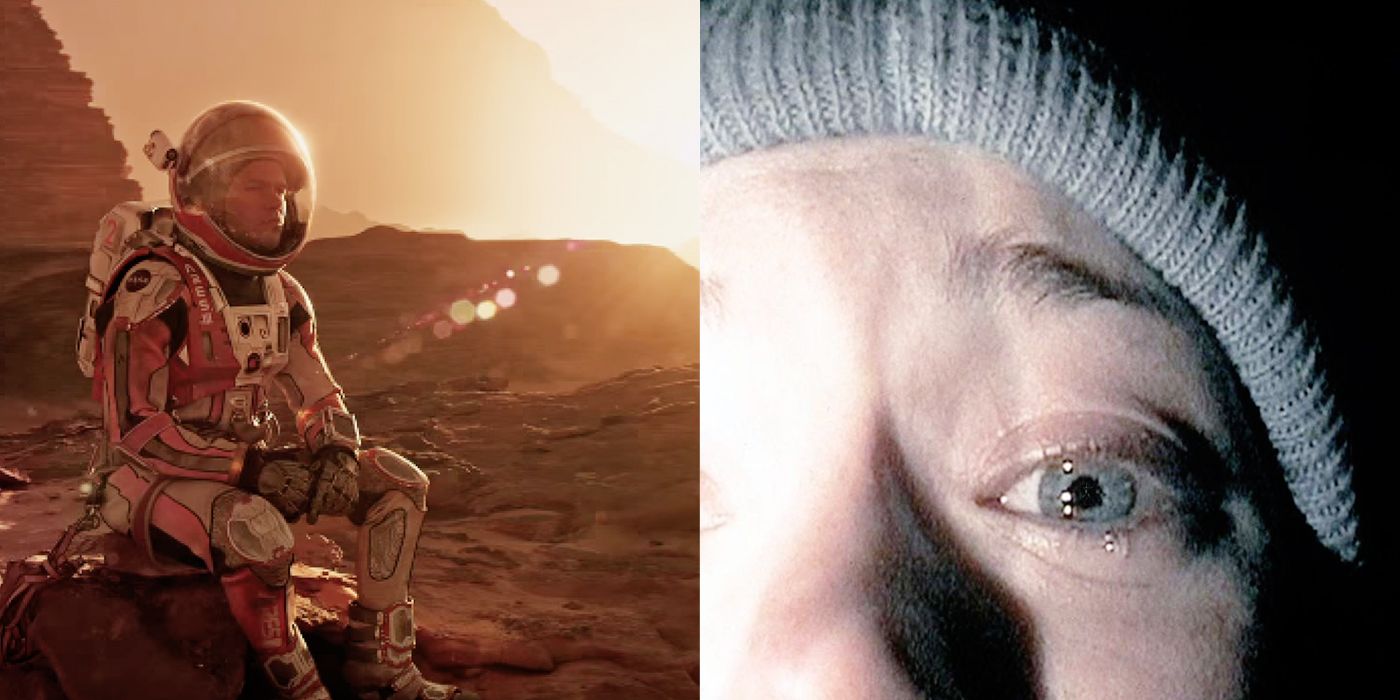 Split image of Matt Damon sitting on a rock in The Martian and The Blair Witch Project still from the poster of a closeup of a girl.