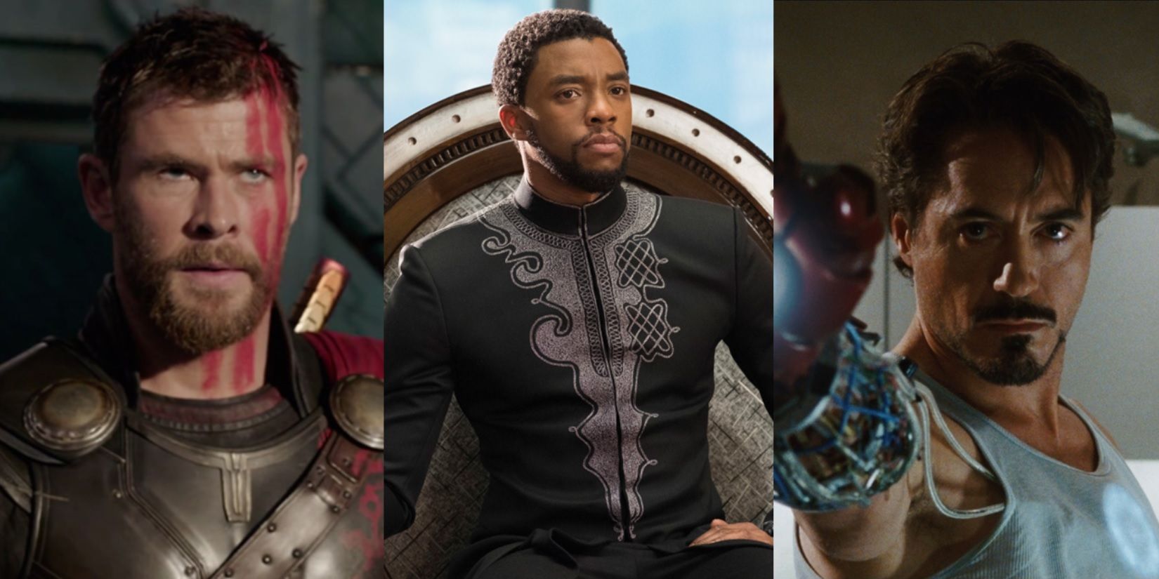 Split image of Thor in Ragnarok, T'Challa in Black Panther, and Tony in Iron Man