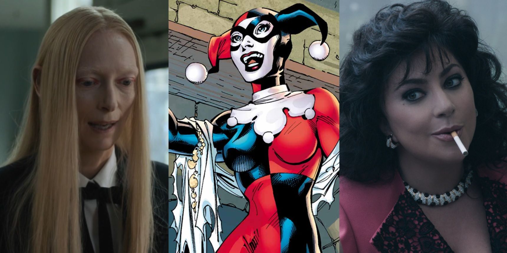 Split image of Tilda Swinton in The Dead Don't Die, Harley Quinn in DC comics, and Lady Gaga in House of Gucci