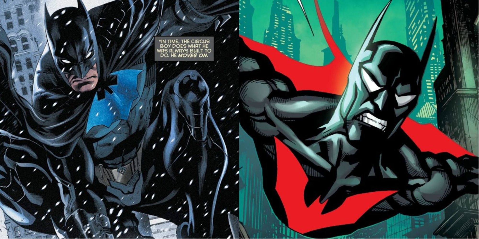 Split image of Tim Drake as Batman in Titans Tomorrow and Futures End