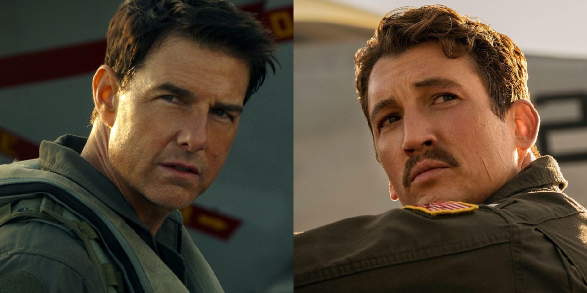 Split image of Tom Cruise as Maverick and Miles Teller as Rooster in Top Gun Maverick