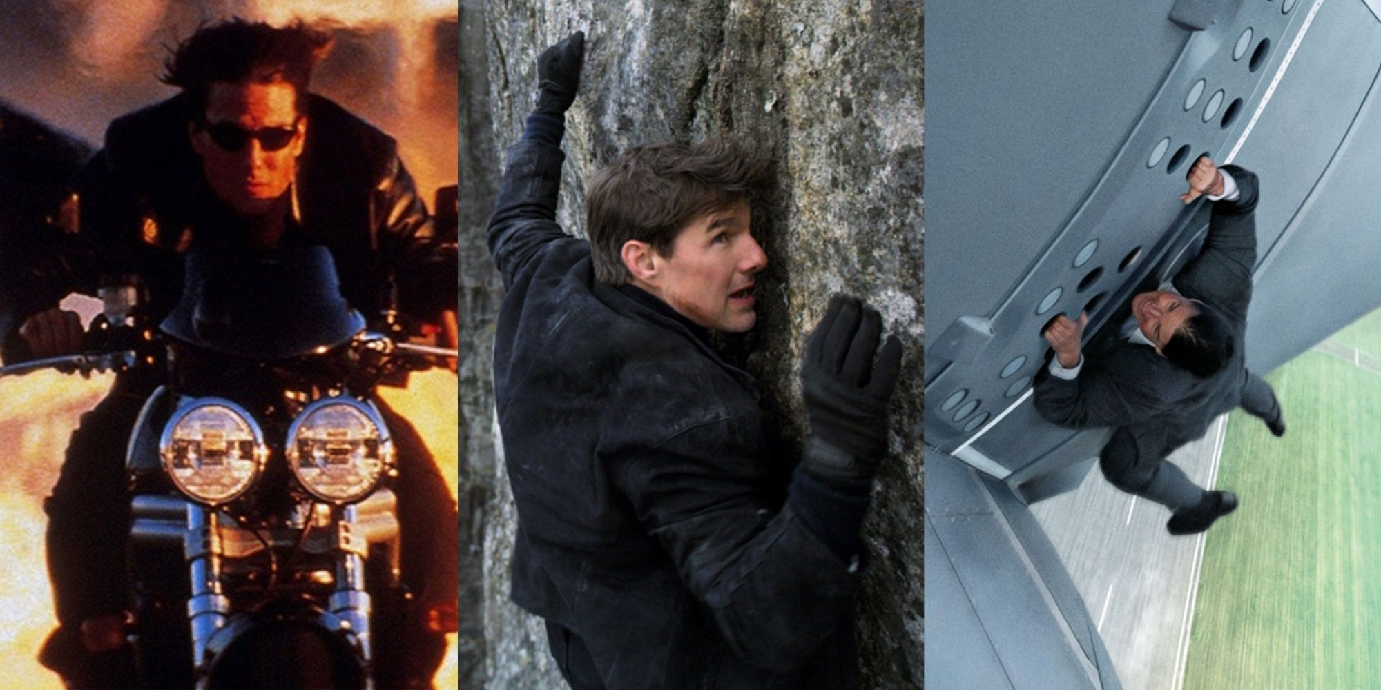 Split image of Tom Cruise riding a motorcycle, hanging off a cliff, and dangling from a plane in Mission Impossible 2, 6, and 5
