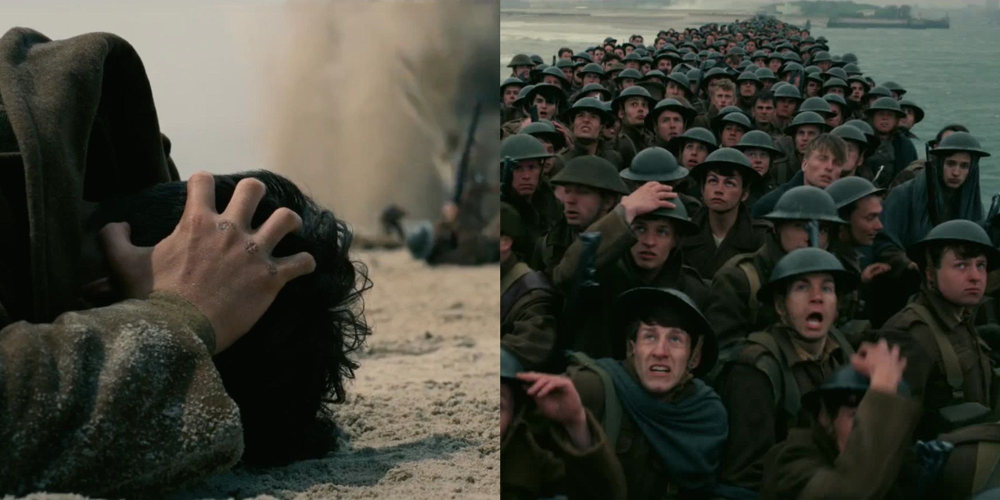 Split image of Tommy covering from an explosion and soldiers looking up in Dunkirk