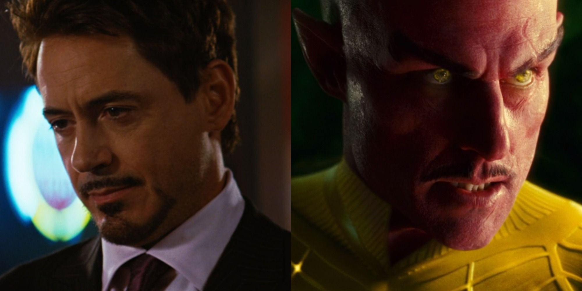 Split image of Tony Stark in The Incredible Hulk and Sinestro as a Yellow Lantern in Green Lantern 2011