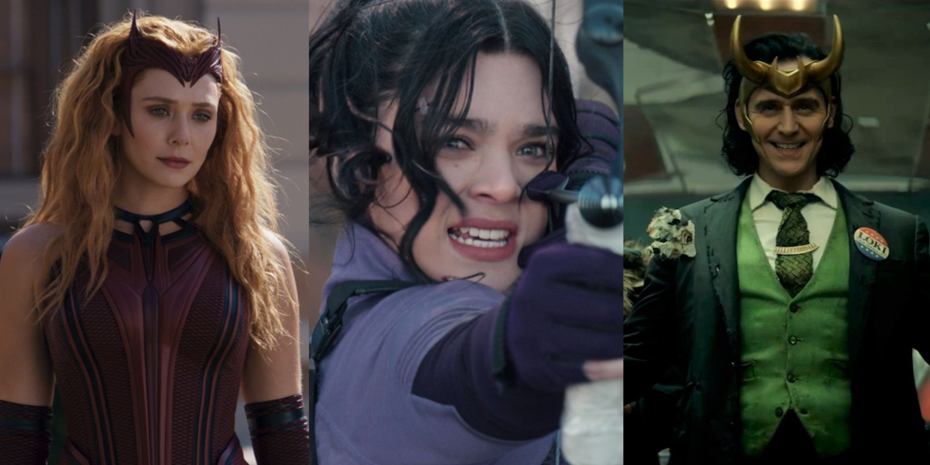 Split image of Wanda in WandaVision, Kate in Hawkeye, and Loki in Loki