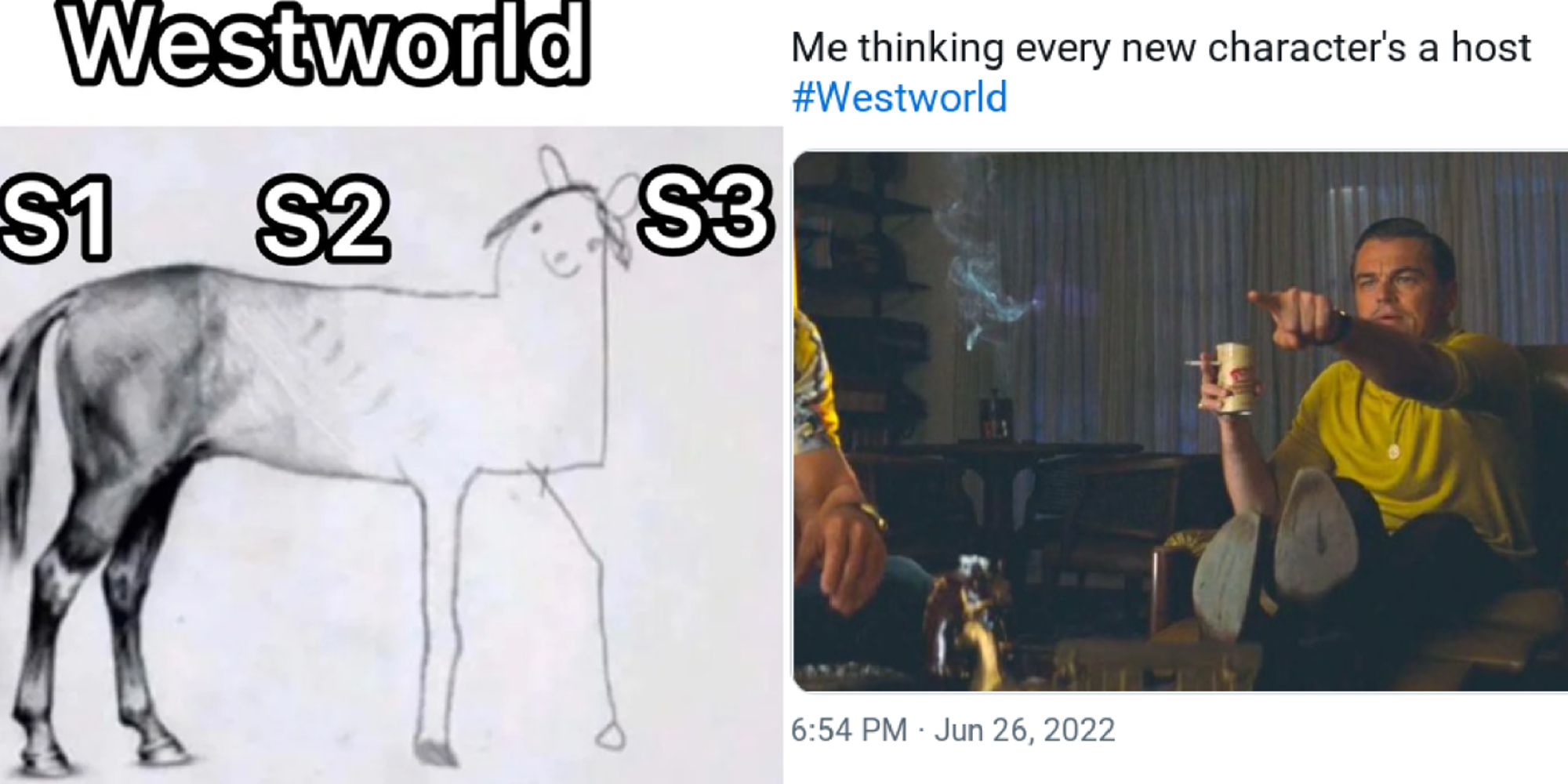 Split image of Westworld seasons as a poorly drawn horse meme and Leonardo DiCaprio pointing meme from Reddit