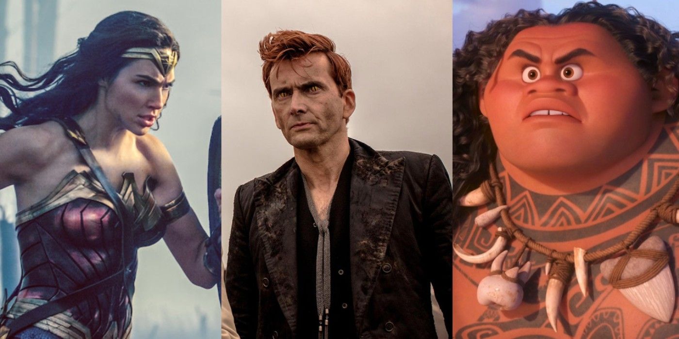 Split image of Wonder Woman, Crowley and Maui in Gods feature