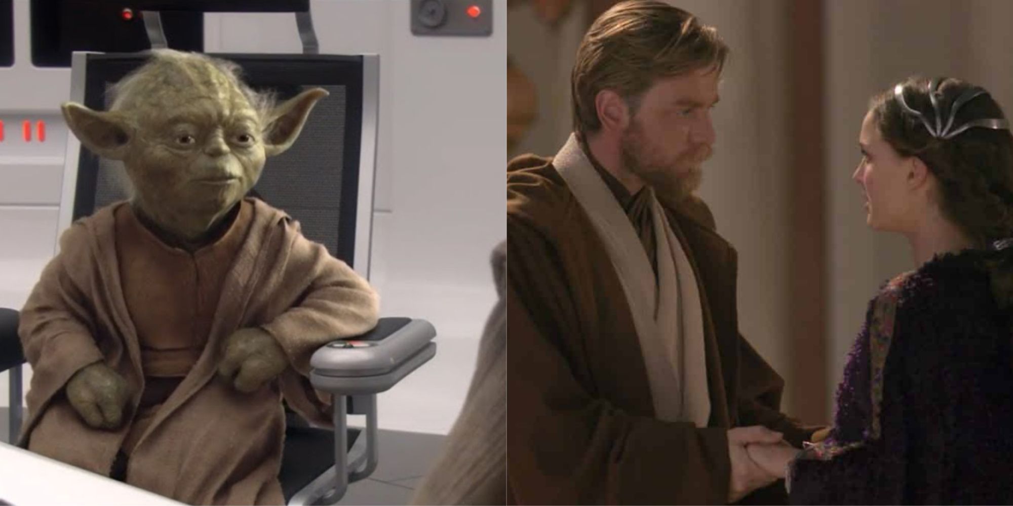 Split image of Yoda, Obi-Wan, and Padmé in Star Wars